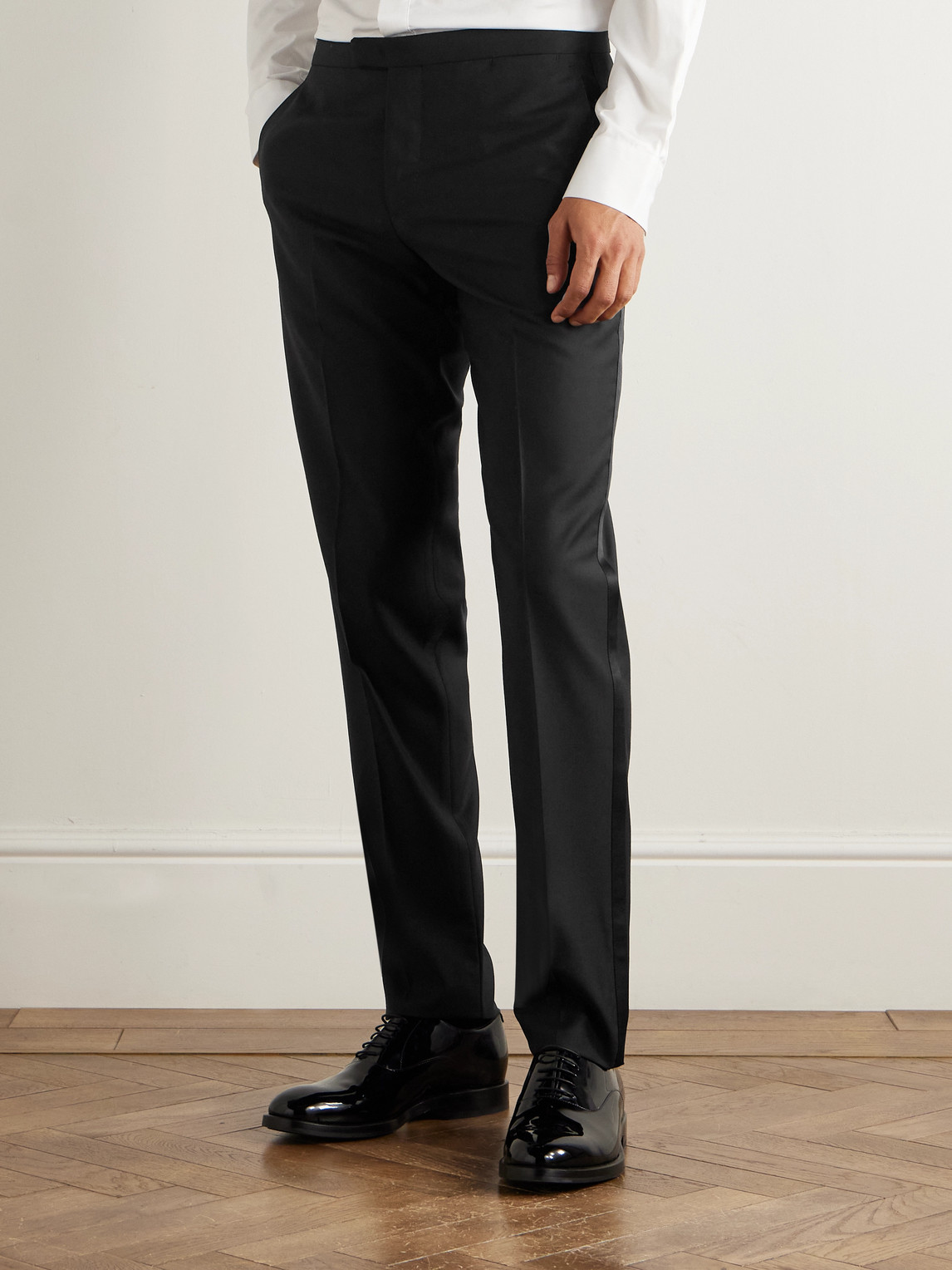Boglioli Tapered Satin-trimmed Virgin Wool-blend Tuxedo Trousers In Black