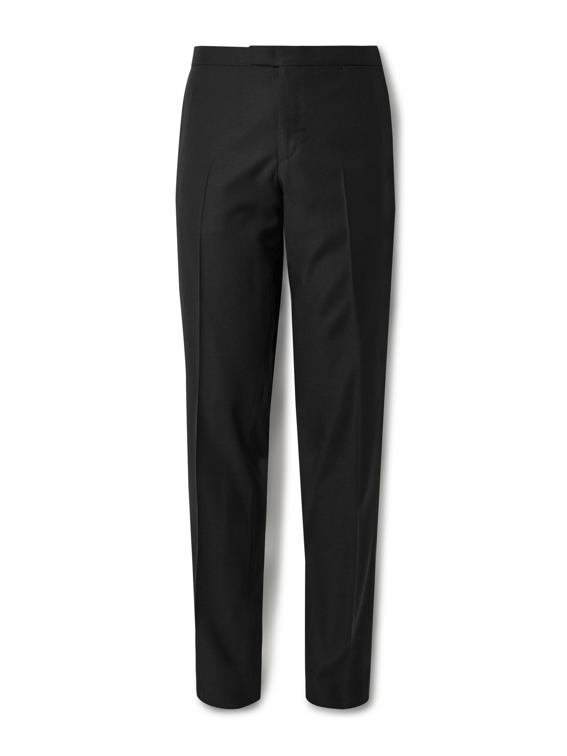 Boglioli Tapered Satin-trimmed Virgin Wool-blend Tuxedo Trousers In Black