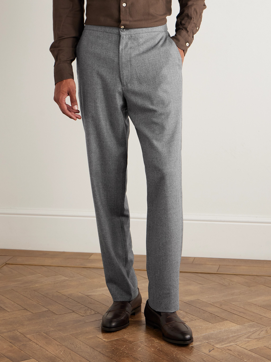 Boglioli Straight-leg Virgin Wool-flannel Drawstring Trousers In Gray