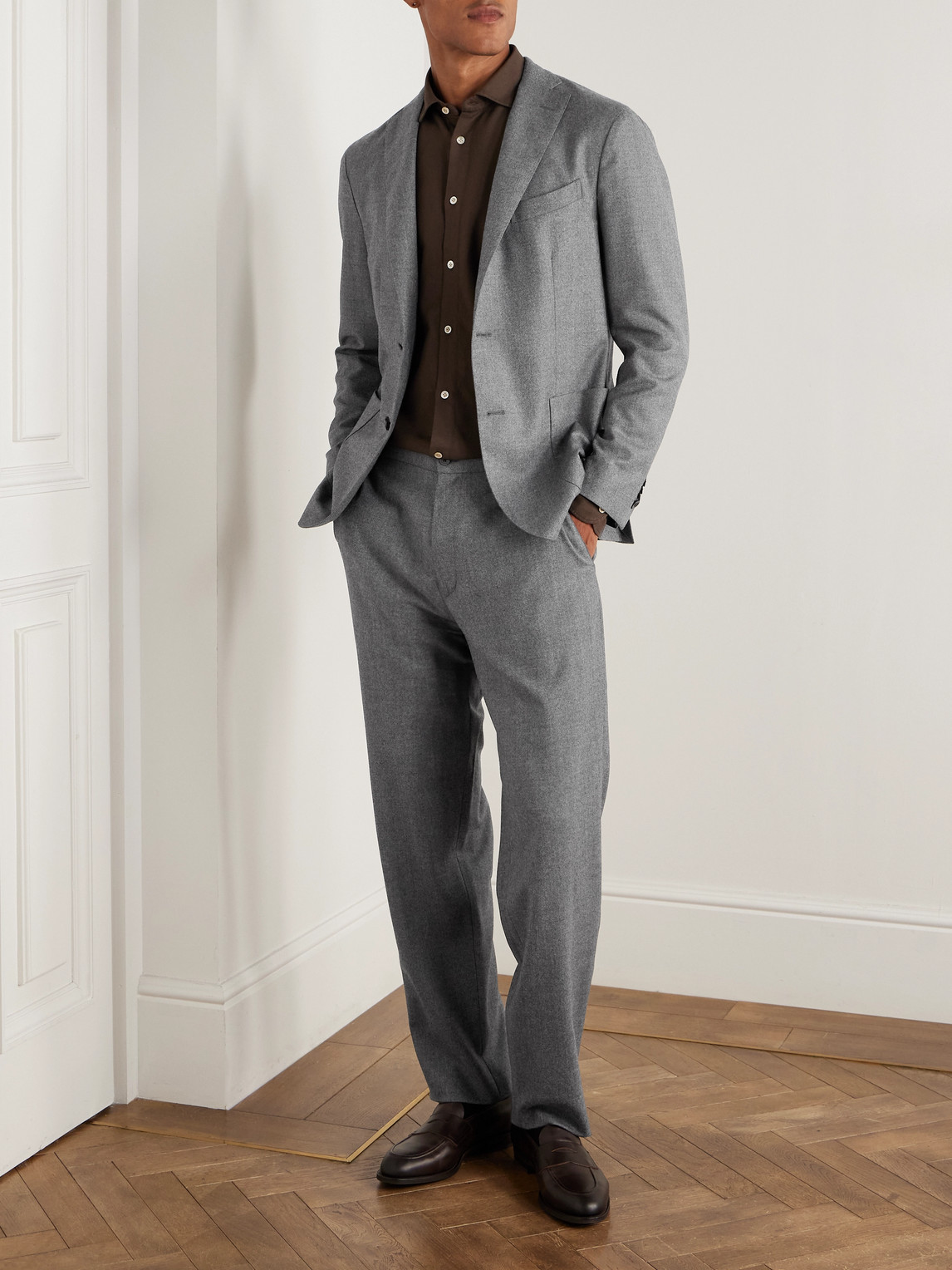 Boglioli Straight-leg Virgin Wool-flannel Drawstring Trousers In Gray