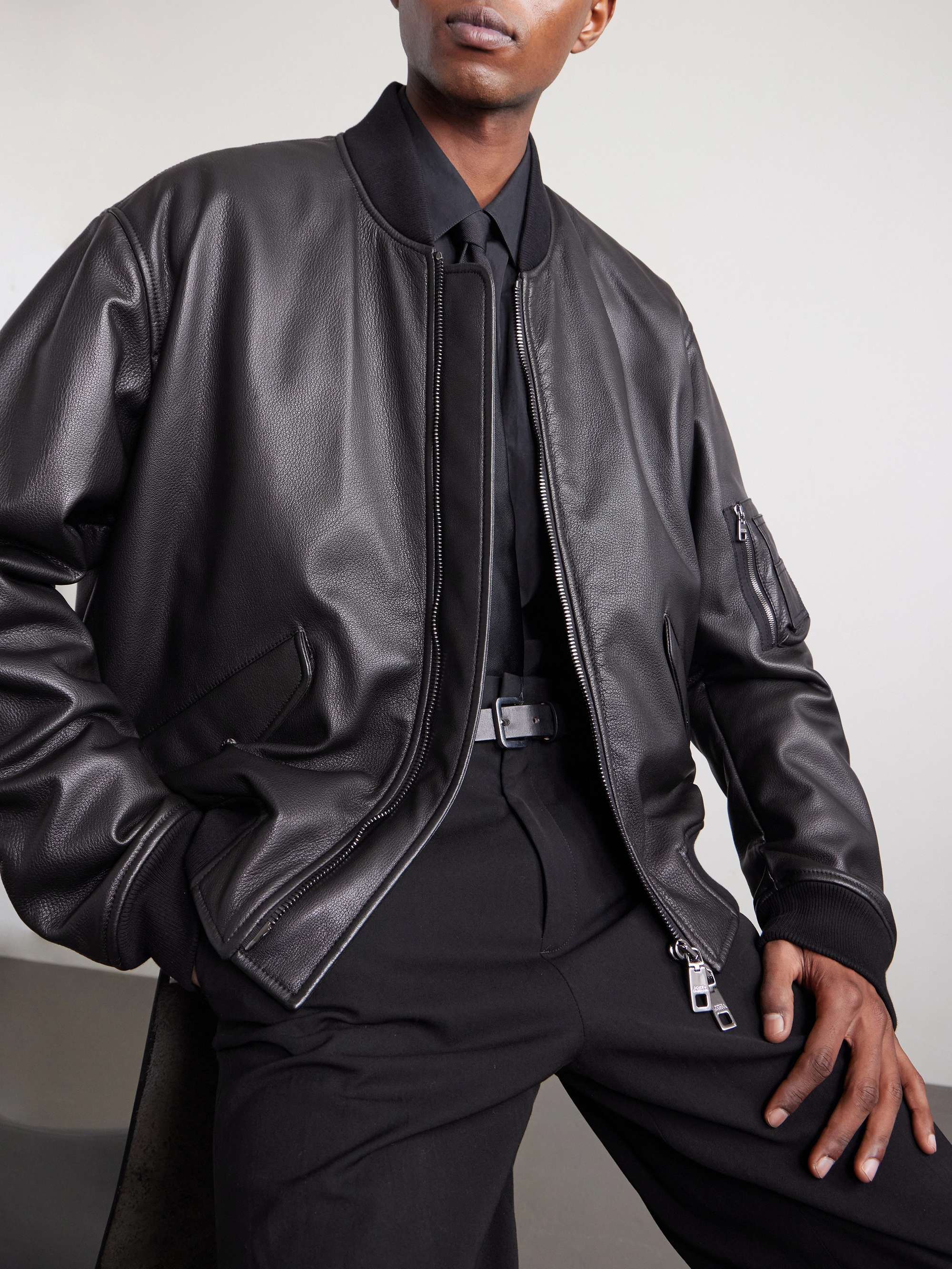DOLCE&GABBANA Padded Full-Grain Leather Bomber Jacket for Men | MR