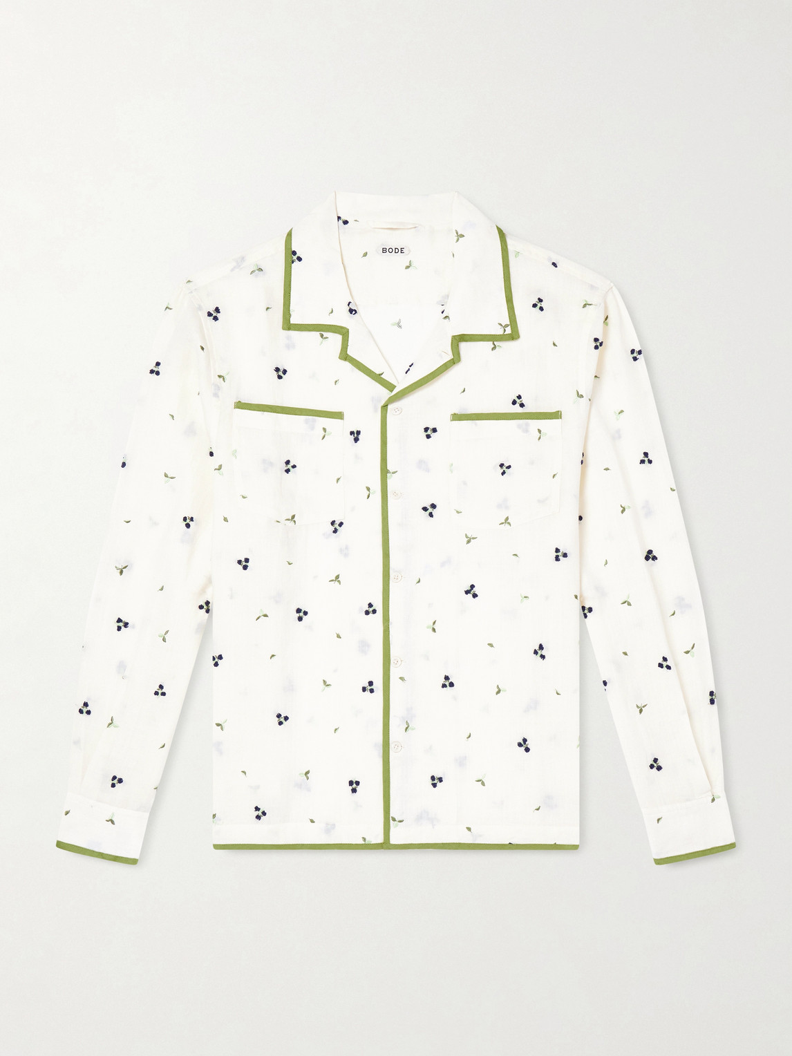 Bode Blackberry Patch Camp-collar Embroidered Linen Shirt In White