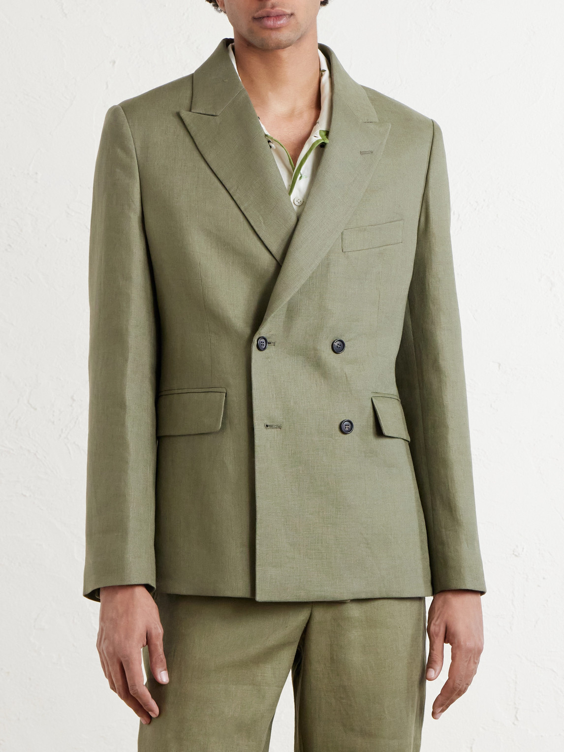 Bode Linen Double-breasted Blazer In Green