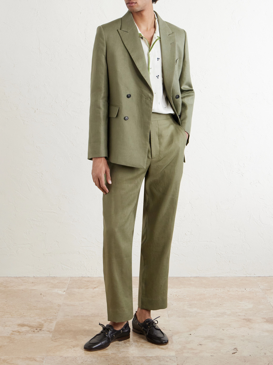 Bode Linen Double-breasted Blazer In Green