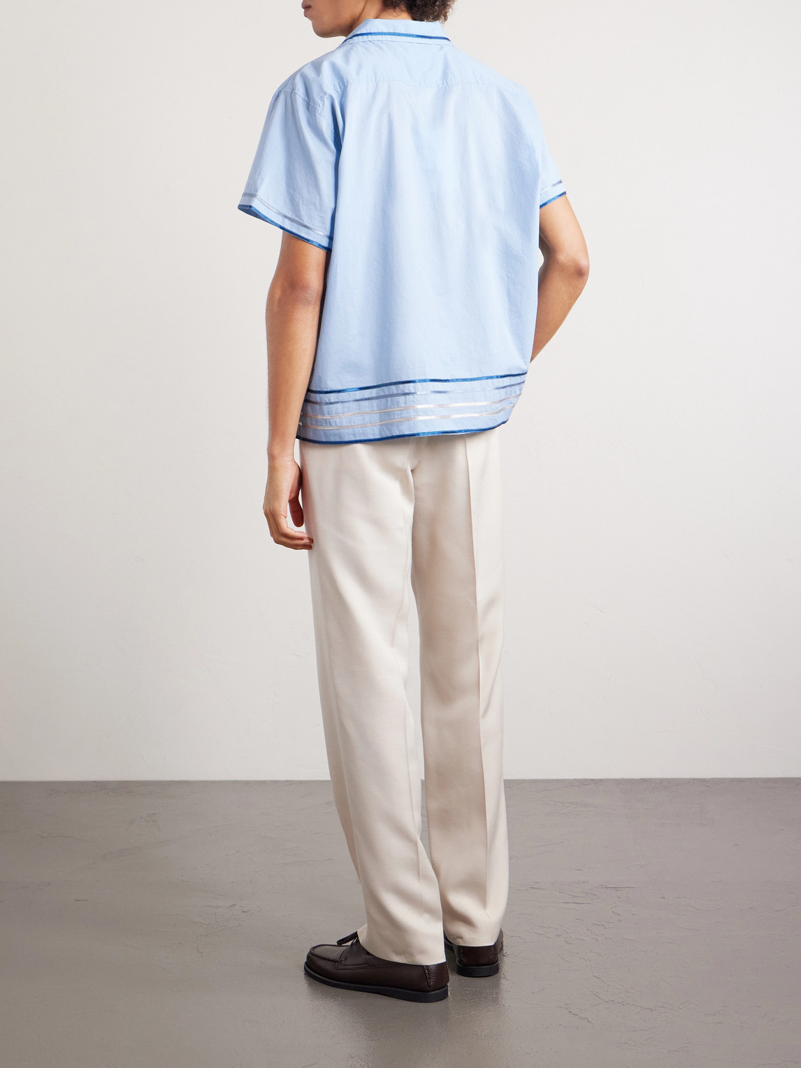 Bode Striped Cotton Bowling Shirt With Cuban Collar And Short Sleeves In Blue