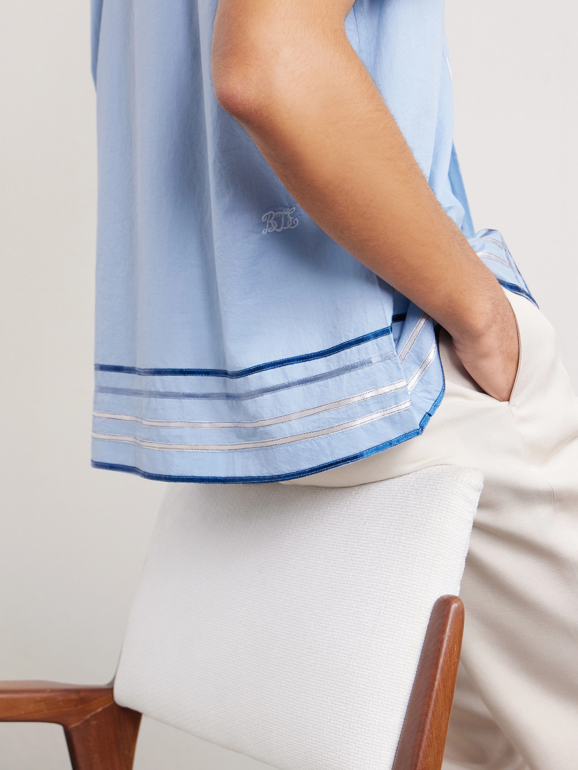 Bode Striped Cotton Bowling Shirt With Cuban Collar And Short Sleeves In Blue