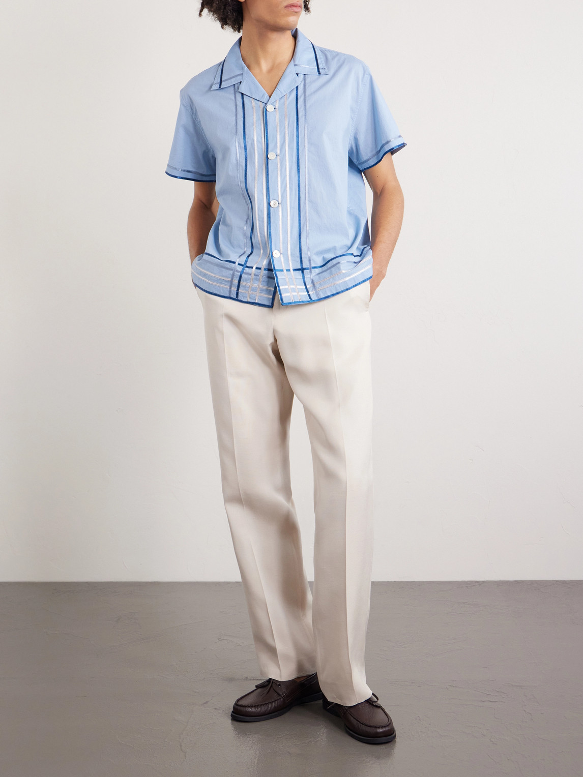 Bode Striped Cotton Bowling Shirt With Cuban Collar And Short Sleeves In Blue