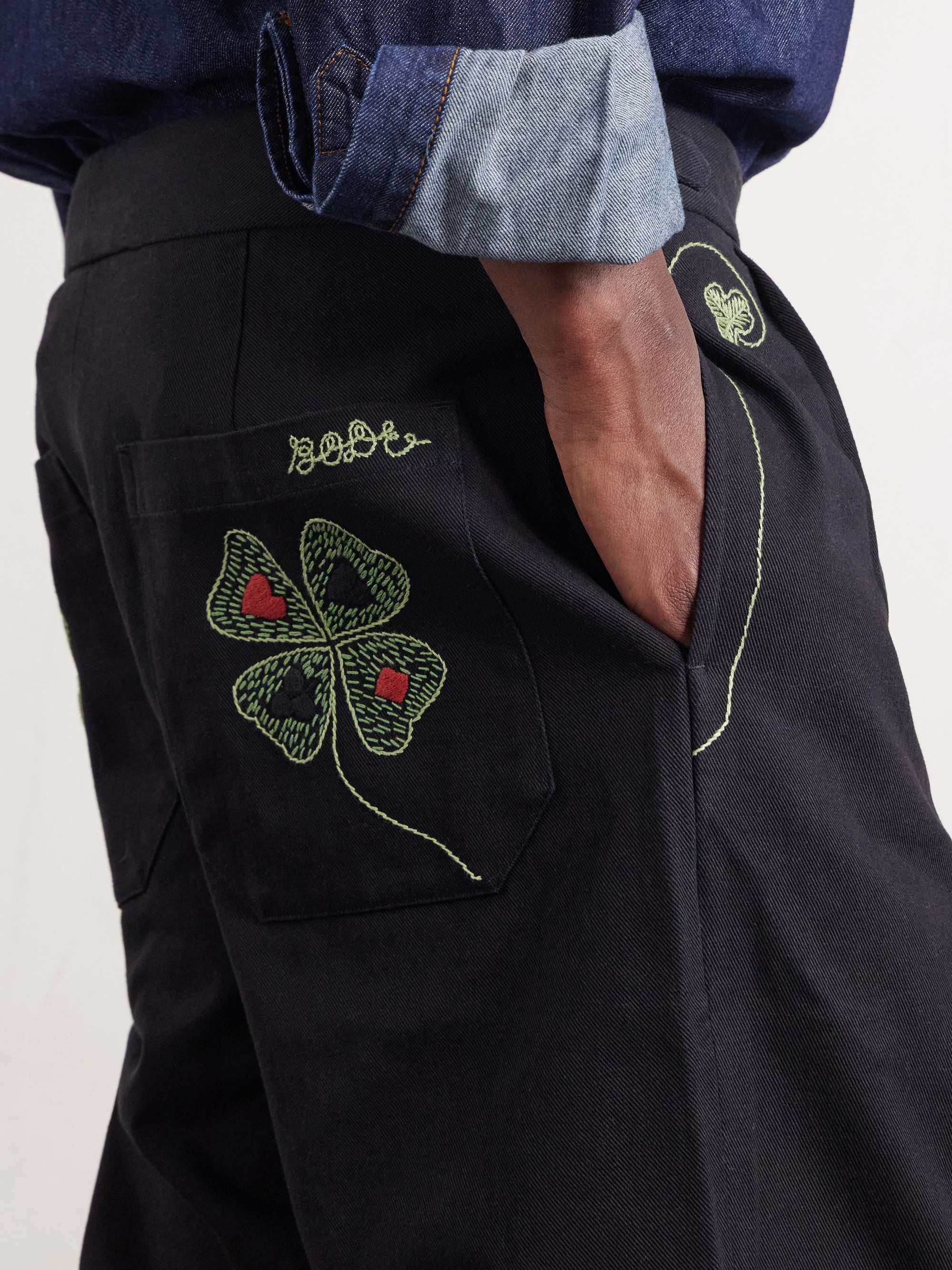 BODE Lucky Draw Straight-Leg Pleated Embroidered Cotton-Twill