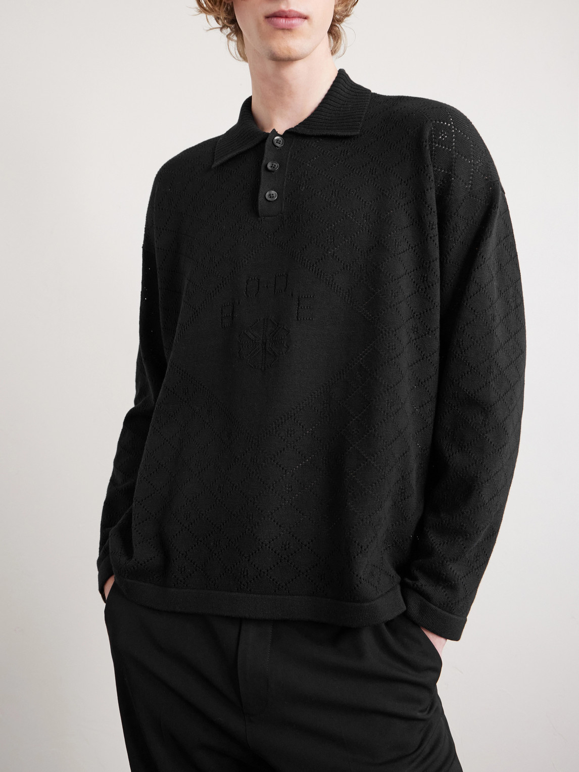  Bode - Anisette Pointelle-knit Cotton Polo Shirt - Men - Black - S 