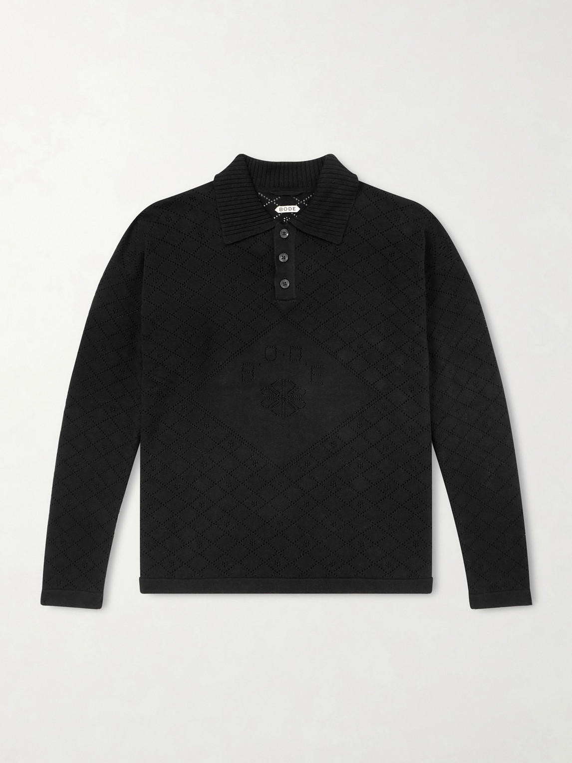 Bode Anisette Pointelle-knit Cotton Polo Shirt In Black