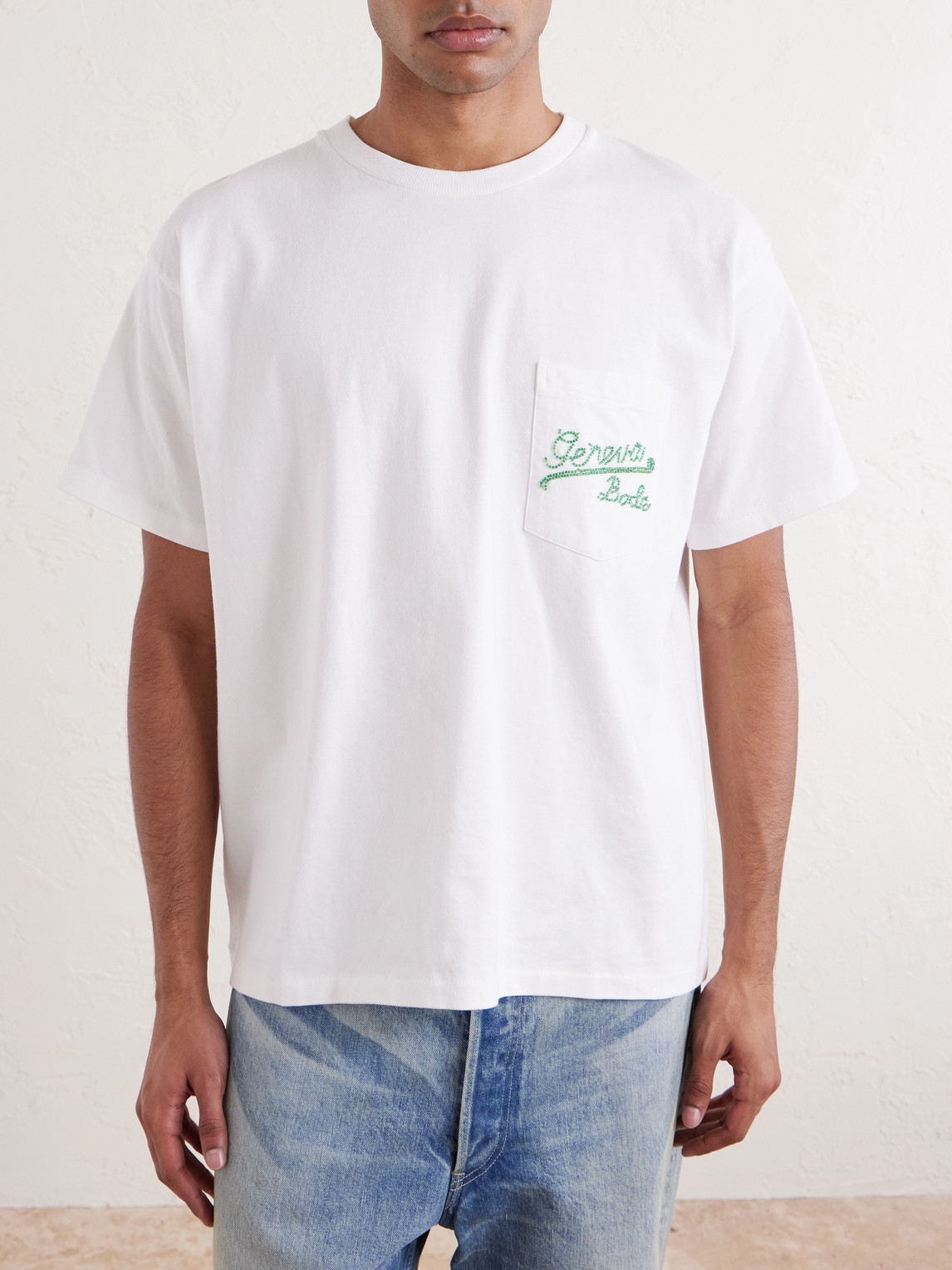 Bode Embroidered Logo Cotton T-shirt With Chest Patch Pocket In Neutral