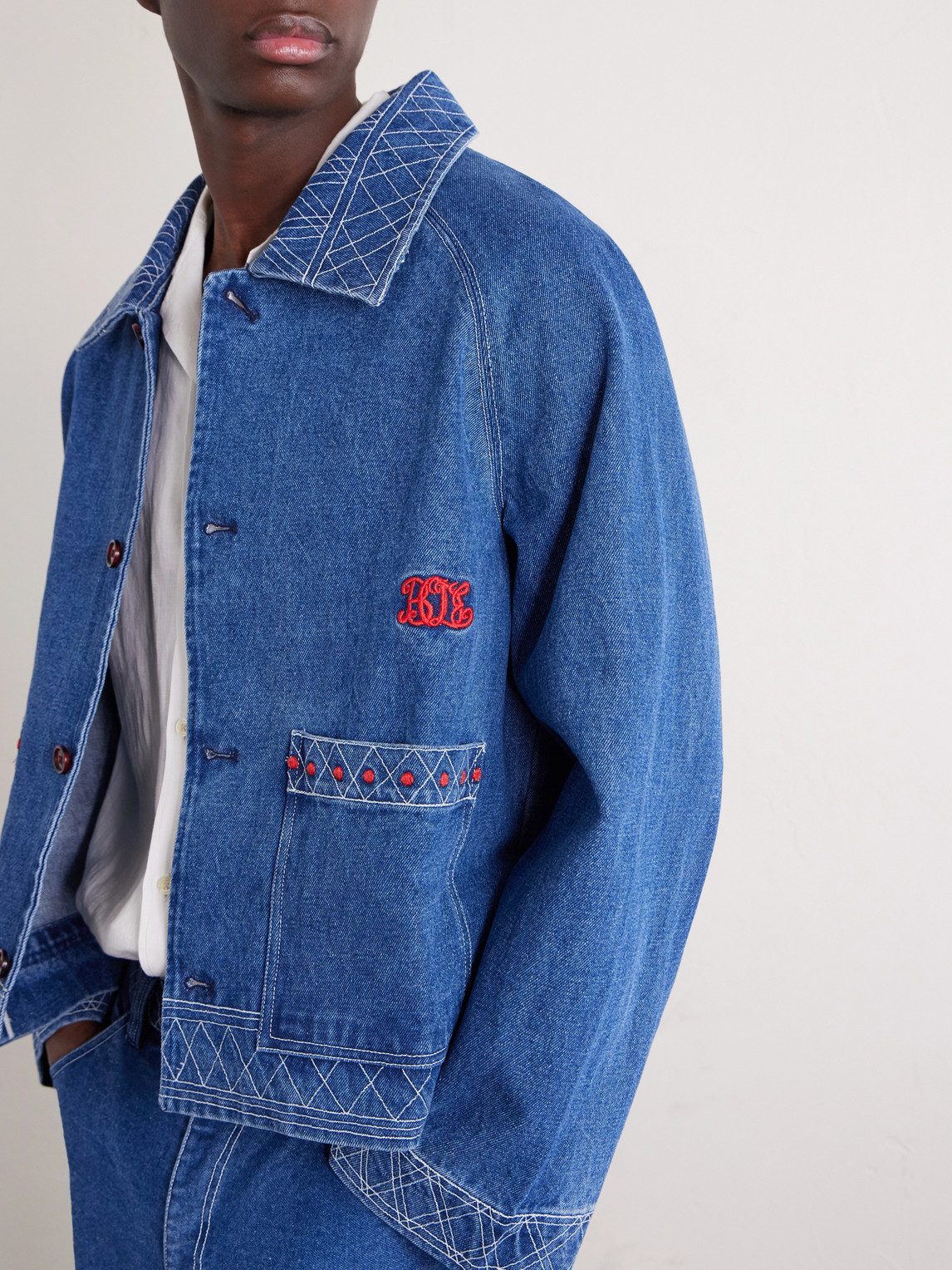 Bode Embroidered Merino Wool-blend Denim Jacket In Blue