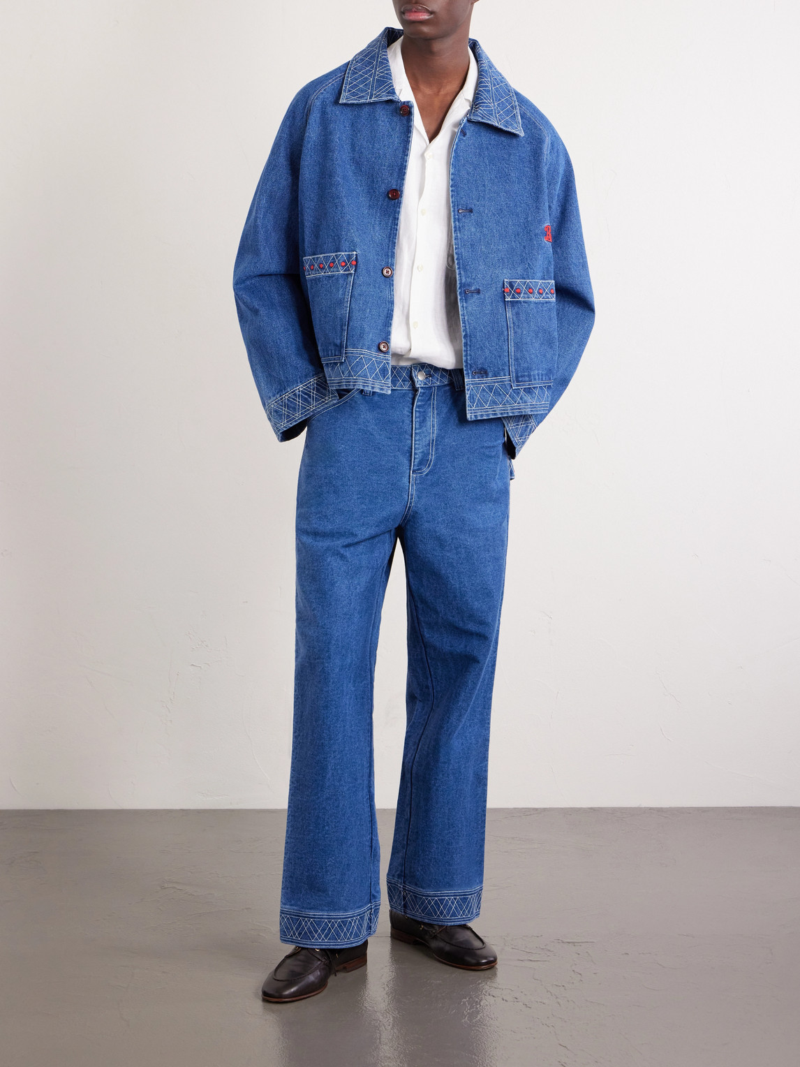 Bode Embroidered Merino Wool-blend Denim Jacket In Blue