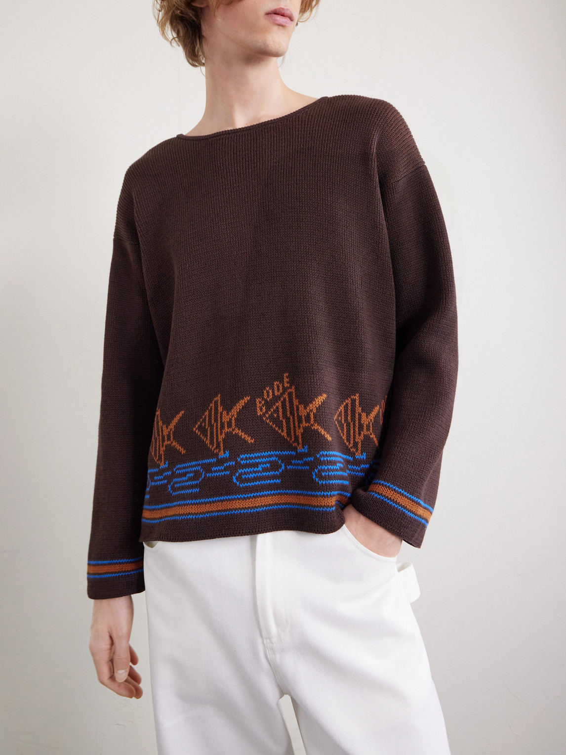  Bode - Fish School Intarsia-knit Cotton Sweater - Men - Brown - M 