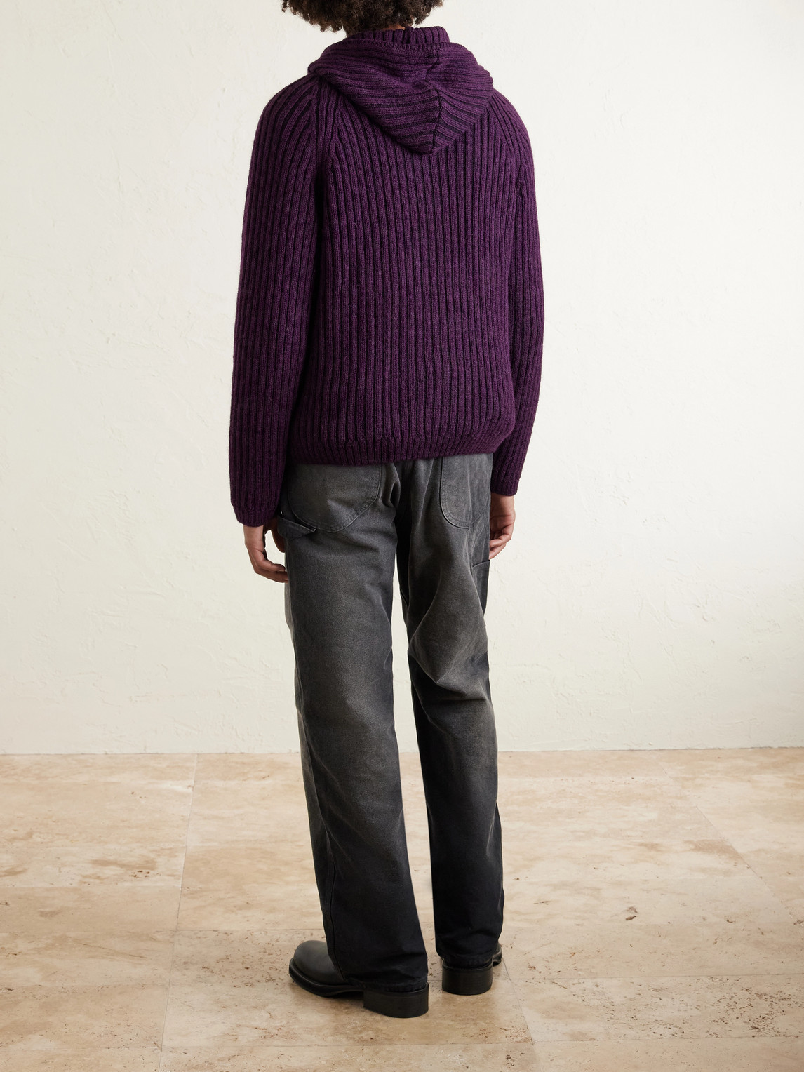 Cropped Ribbed Wool Zip-Up Hoodie