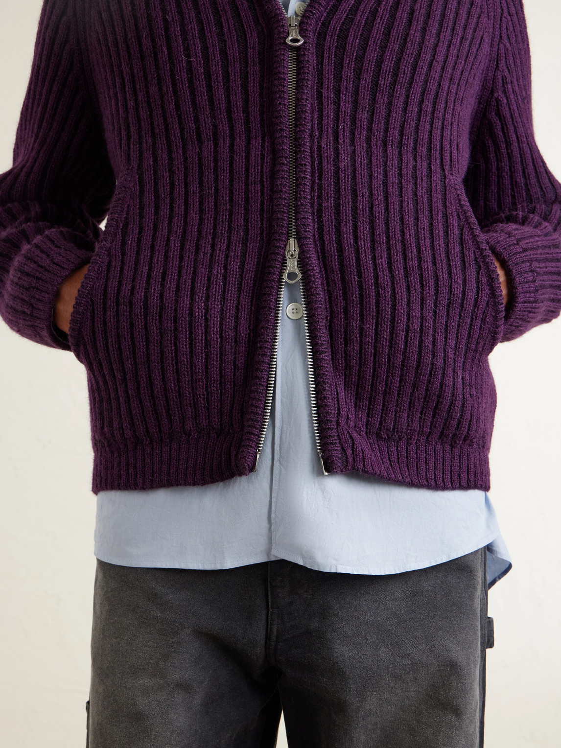 Cropped Ribbed Wool Zip-Up Hoodie