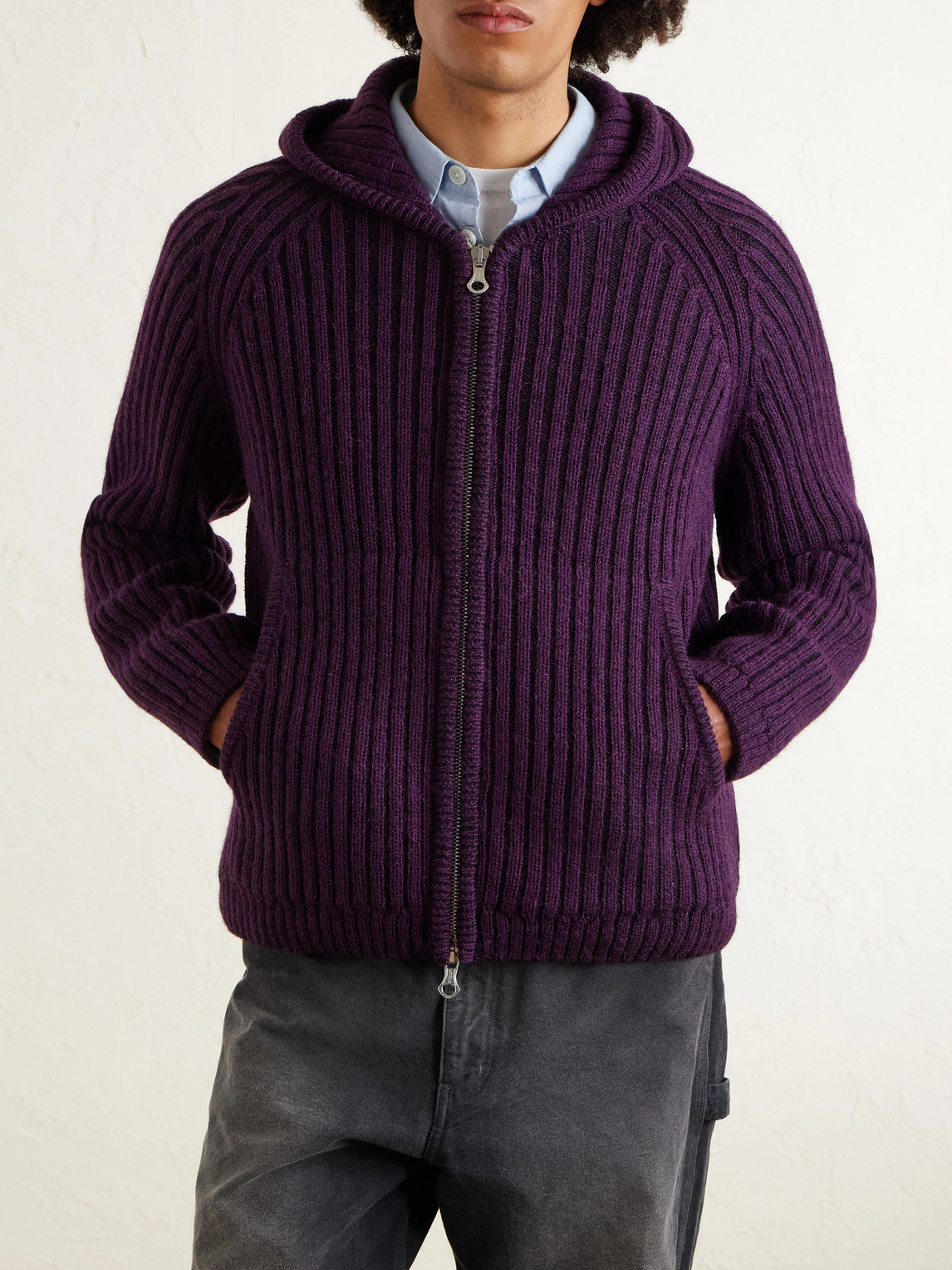 Cropped Ribbed Wool Zip-Up Hoodie
