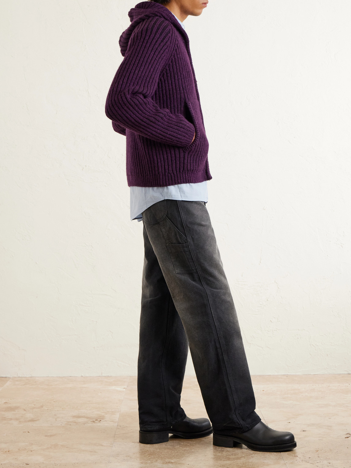 Cropped Ribbed Wool Zip-Up Hoodie