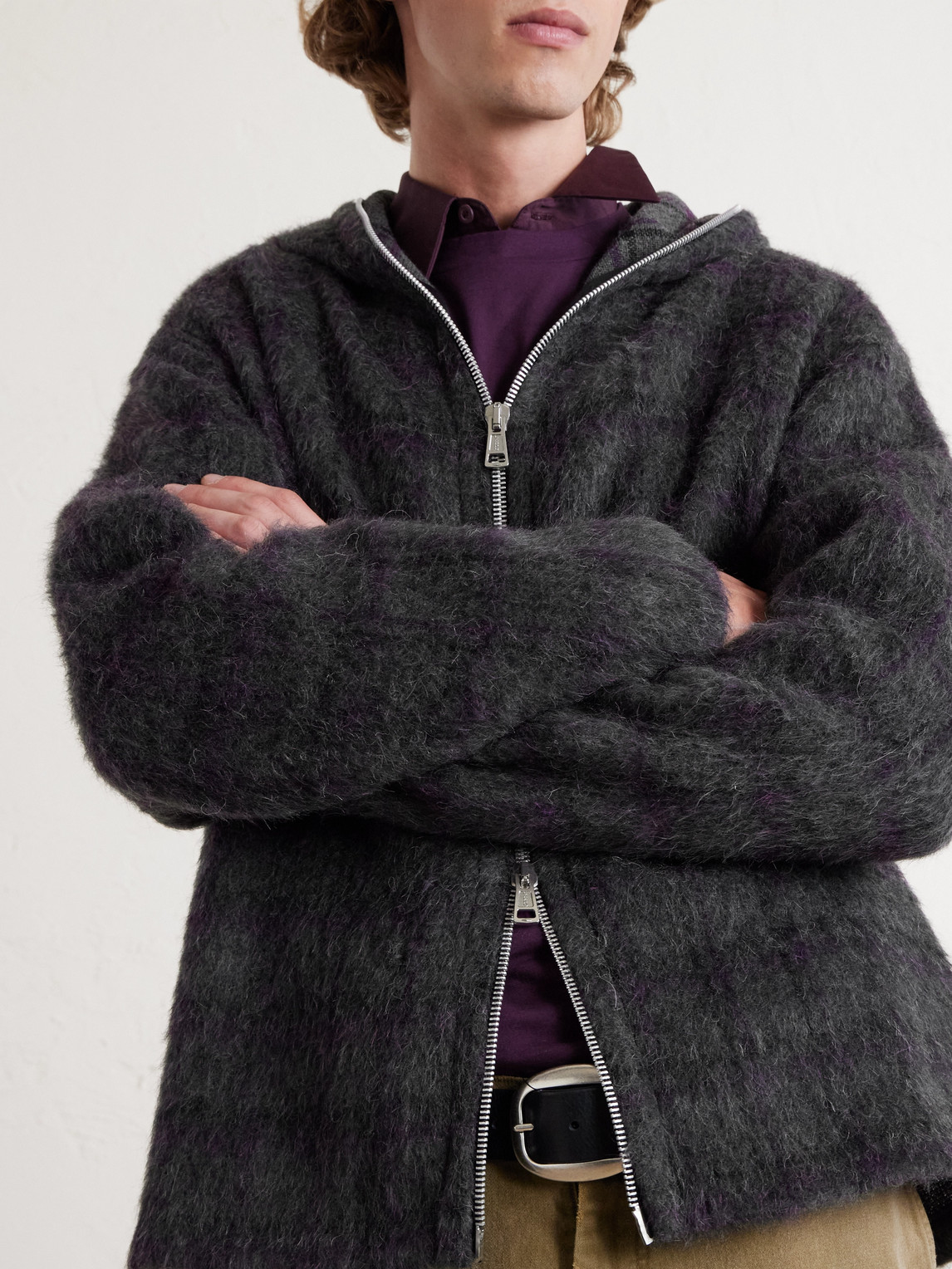 Our Legacy Checked Brushed Wool-blend Zip-up Hoodie In Black