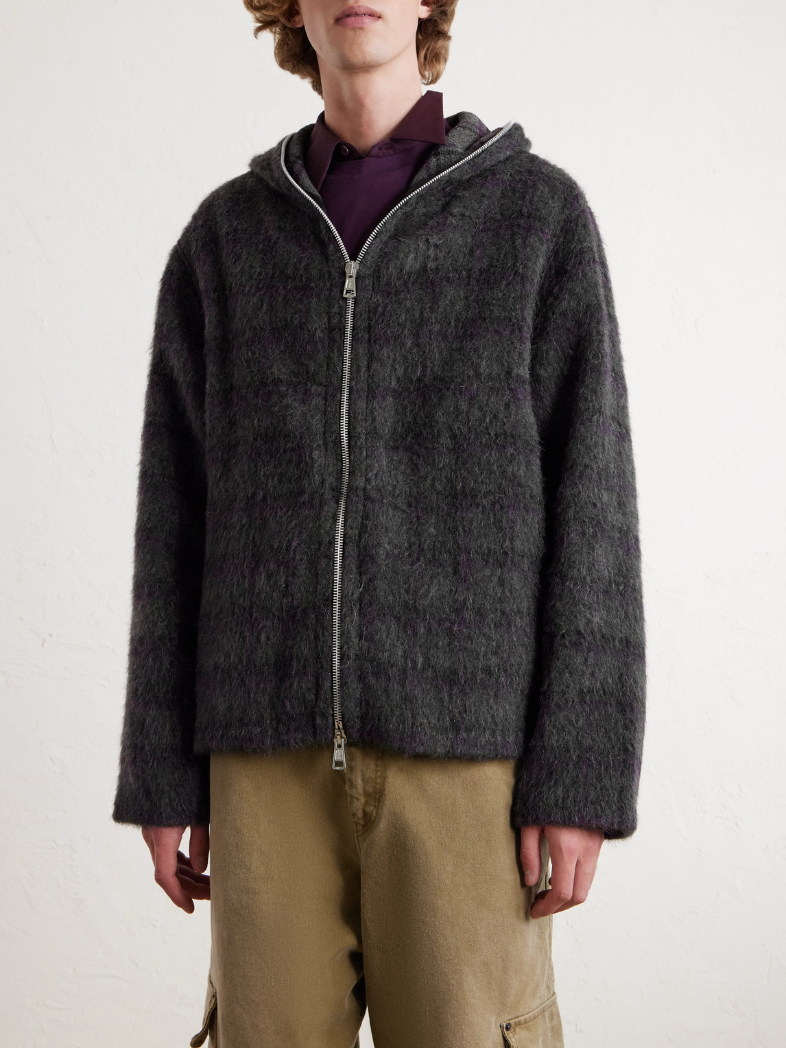 Our Legacy Checked Brushed Wool-blend Zip-up Hoodie In Black