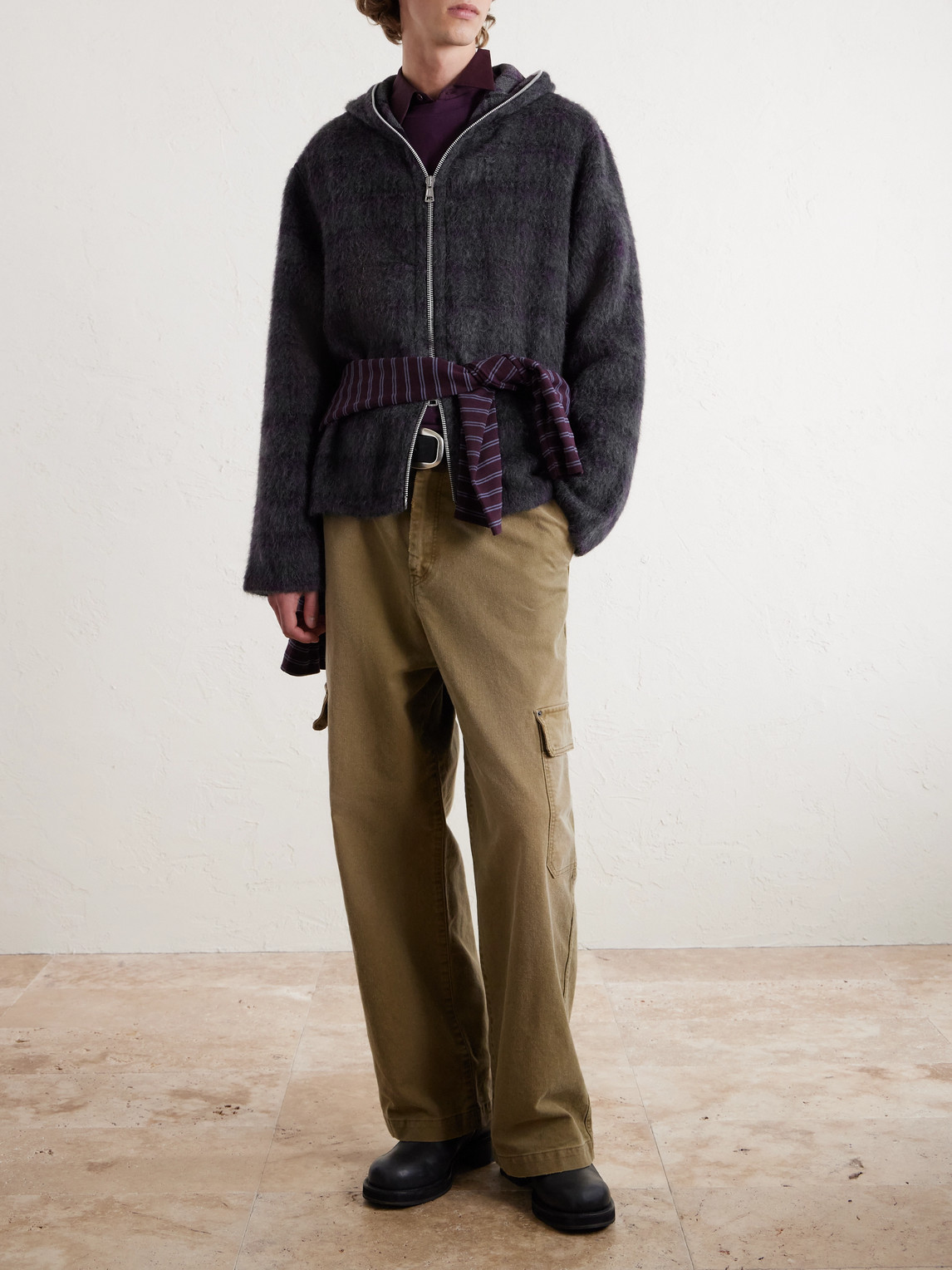 Our Legacy Checked Brushed Wool-blend Zip-up Hoodie In Black