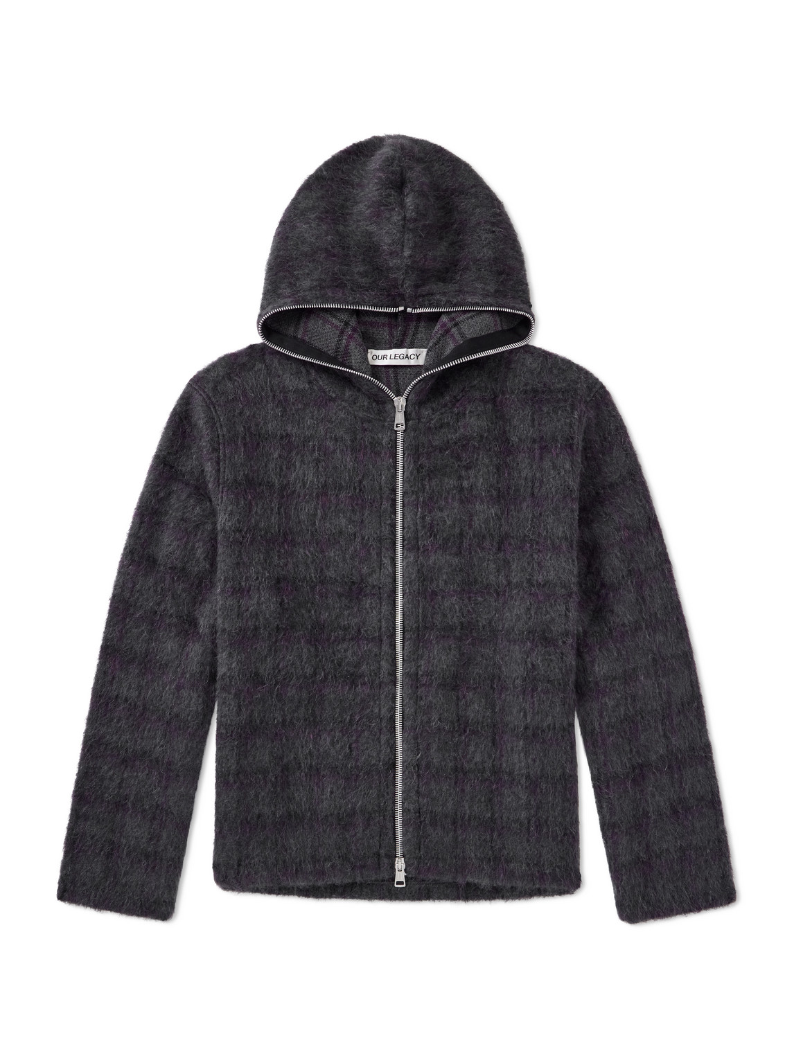 Our Legacy Checked Brushed Wool-blend Zip-up Hoodie In Black