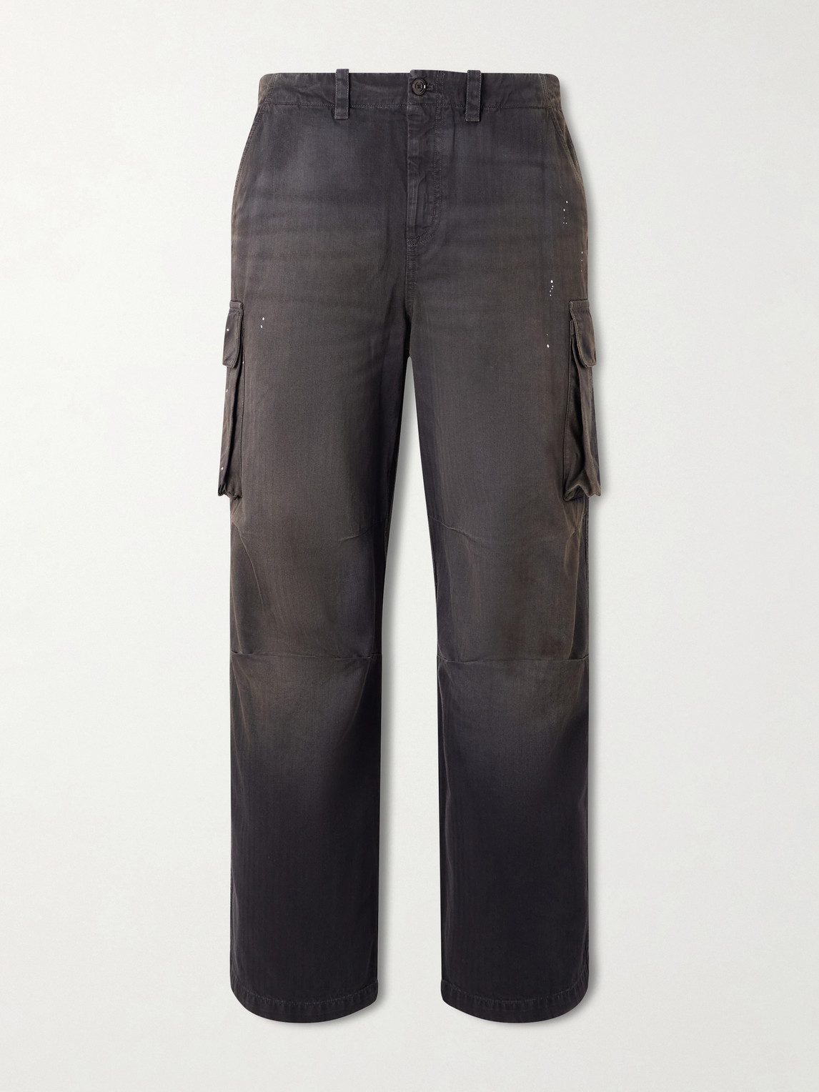 Our Legacy Mount Straight-leg Paint-splattered Herringbone Cotton-canvas Cargo Trousers In Gray