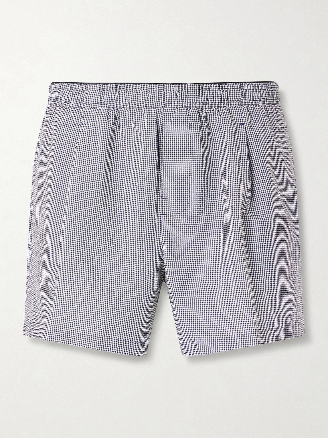 Our Legacy Boxer Trunk Straight-leg Mid-length Checked Seersucker Swim Shorts In Gray