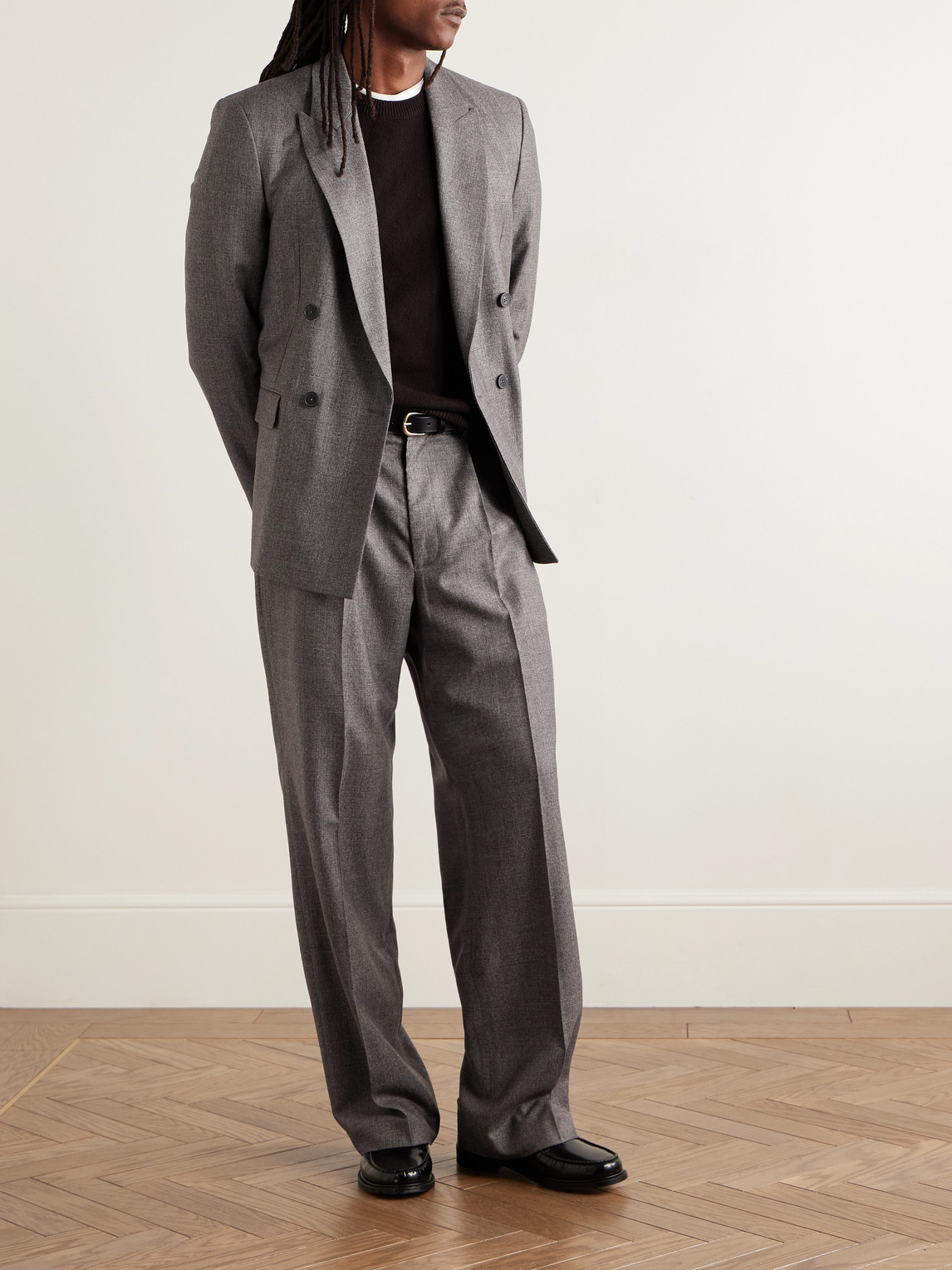 Frame Wide-leg Pleated Virgin Wool-flannel Suit Trousers In Gray