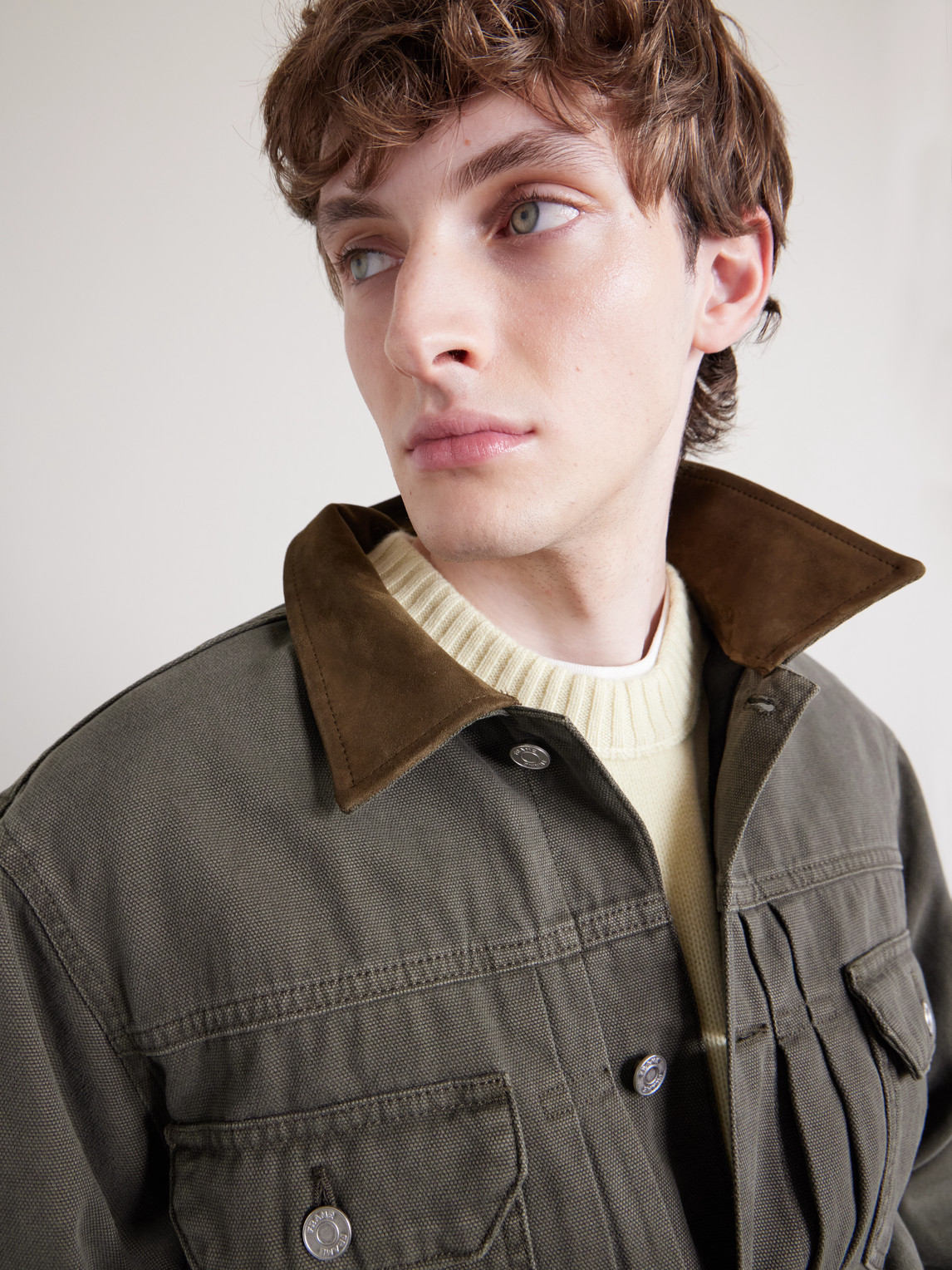 Frame Suede-trimmed Cotton-canvas Trucker Jacket In Brown