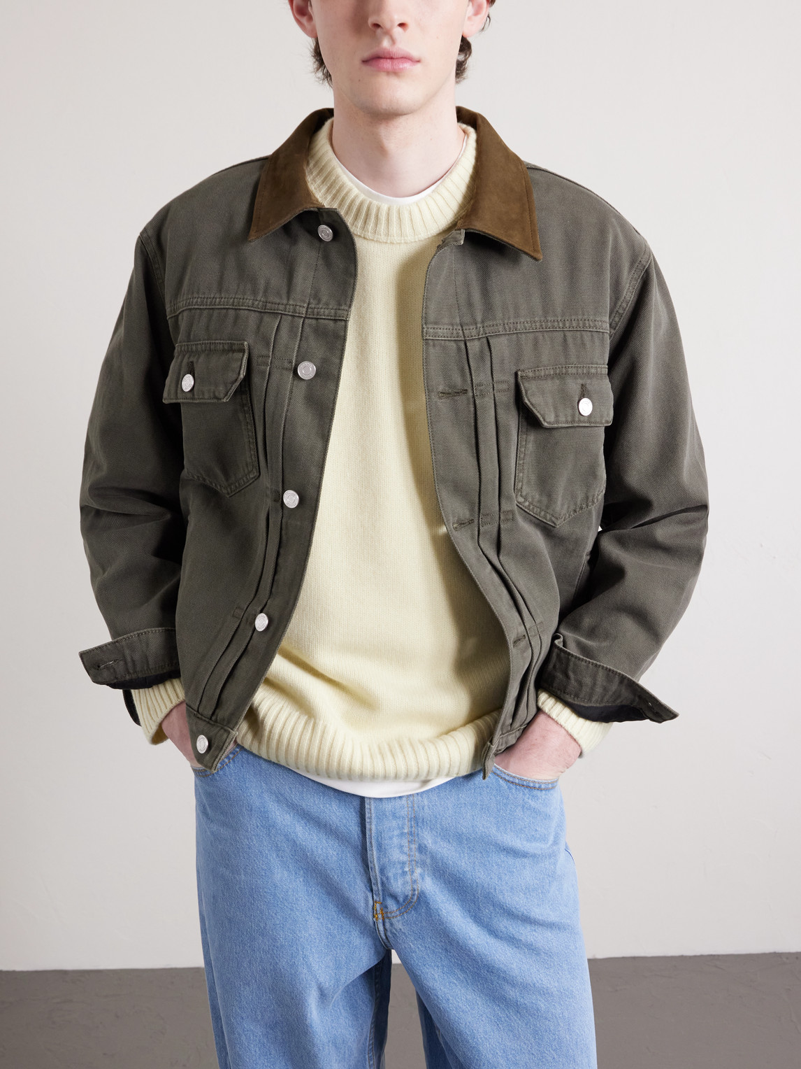 Frame Suede-trimmed Cotton-canvas Trucker Jacket In Brown