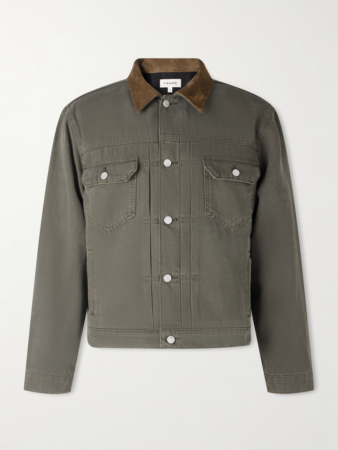Frame Suede-trimmed Cotton-canvas Trucker Jacket In Brown