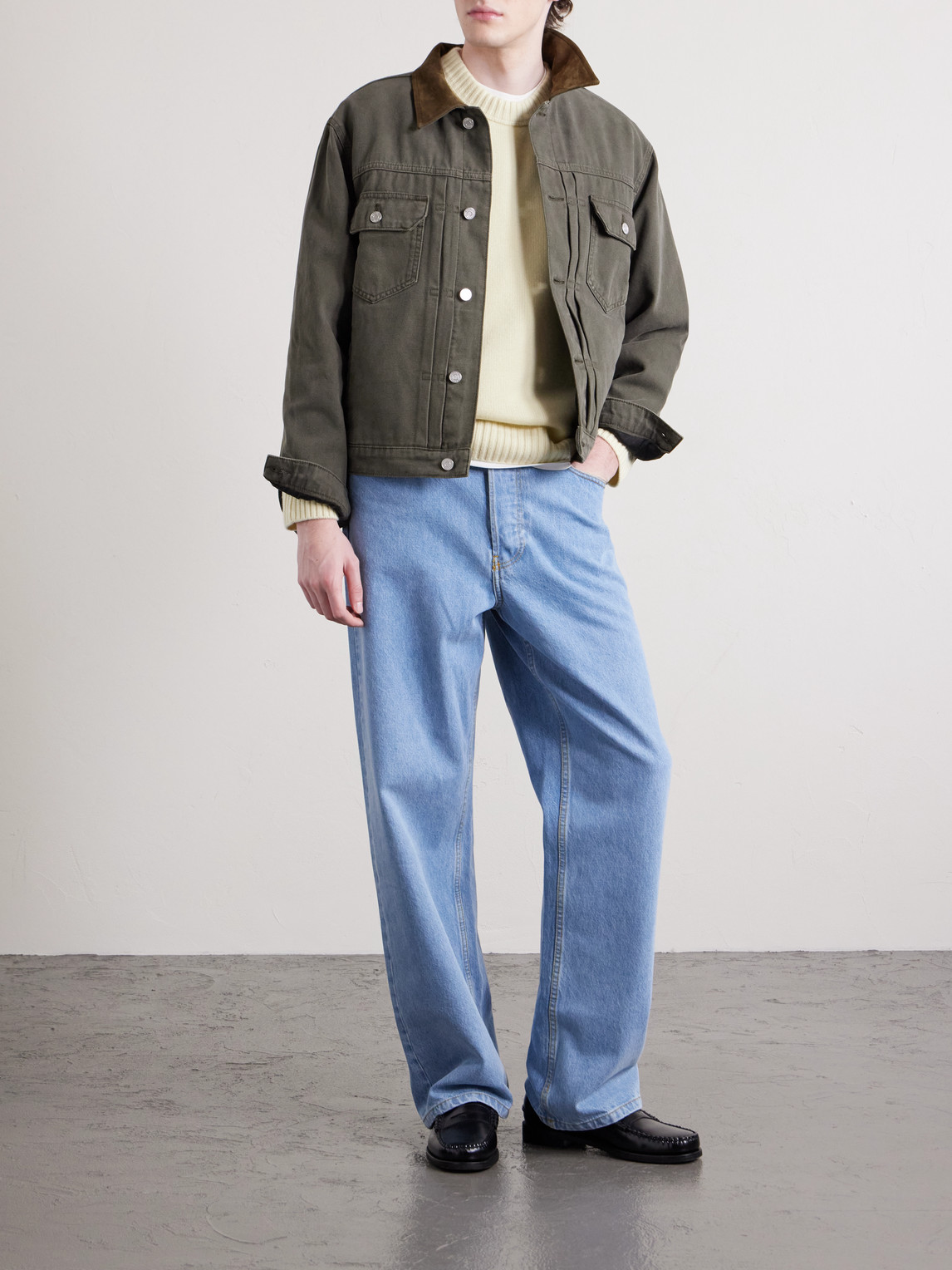 Frame Suede-trimmed Cotton-canvas Trucker Jacket In Brown