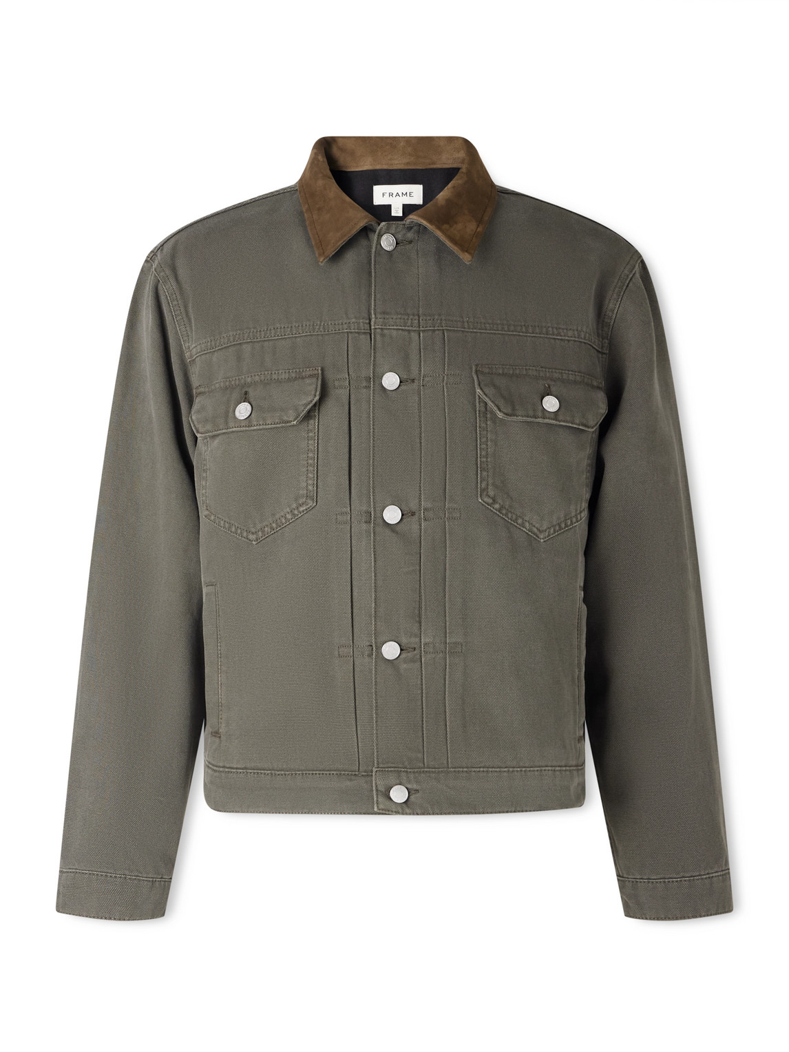 Frame Suede-trimmed Cotton-canvas Trucker Jacket In Brown