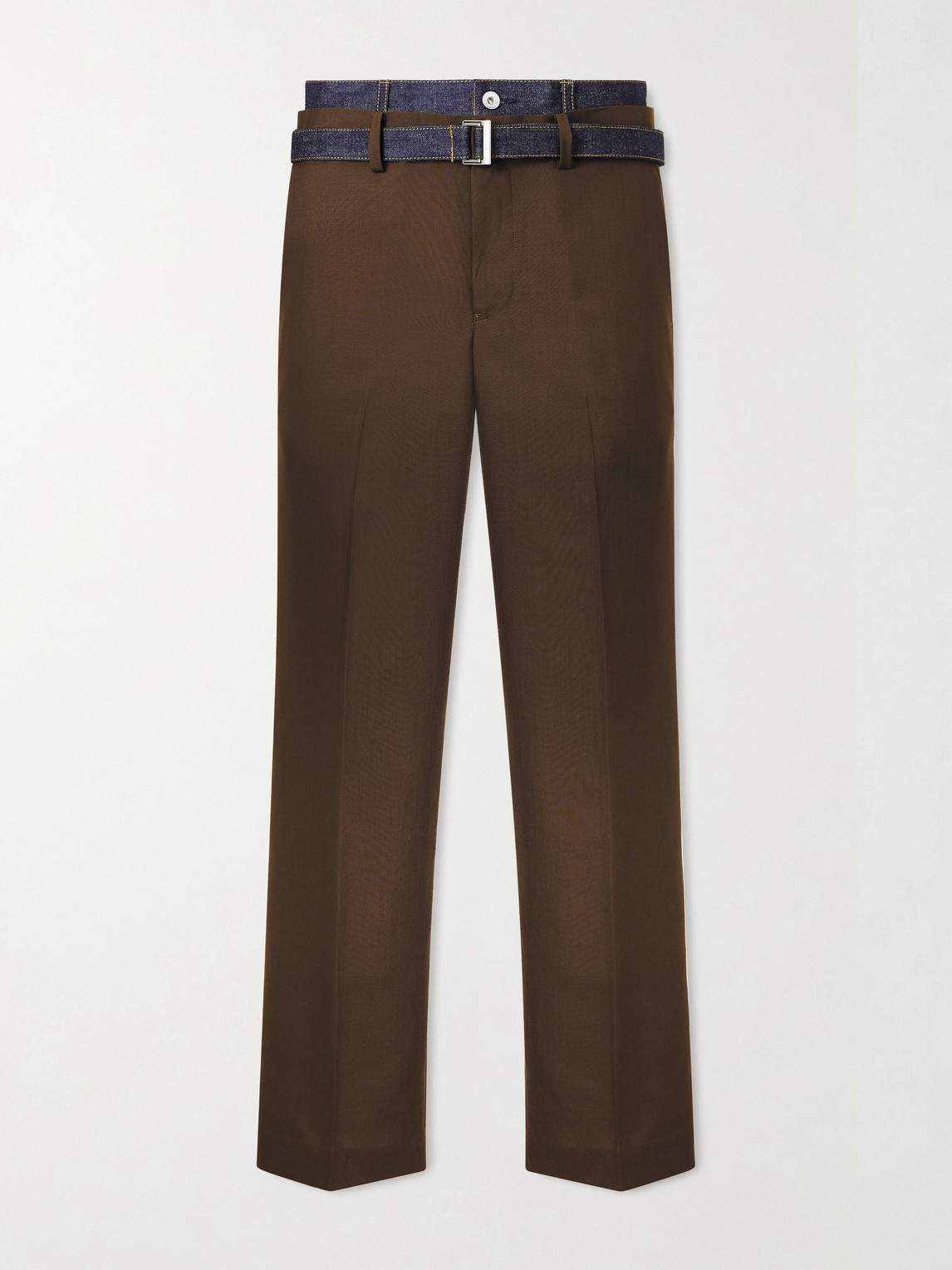Sacai Straight-Leg Belted Denim-Trimmed Woven Trousers - Men