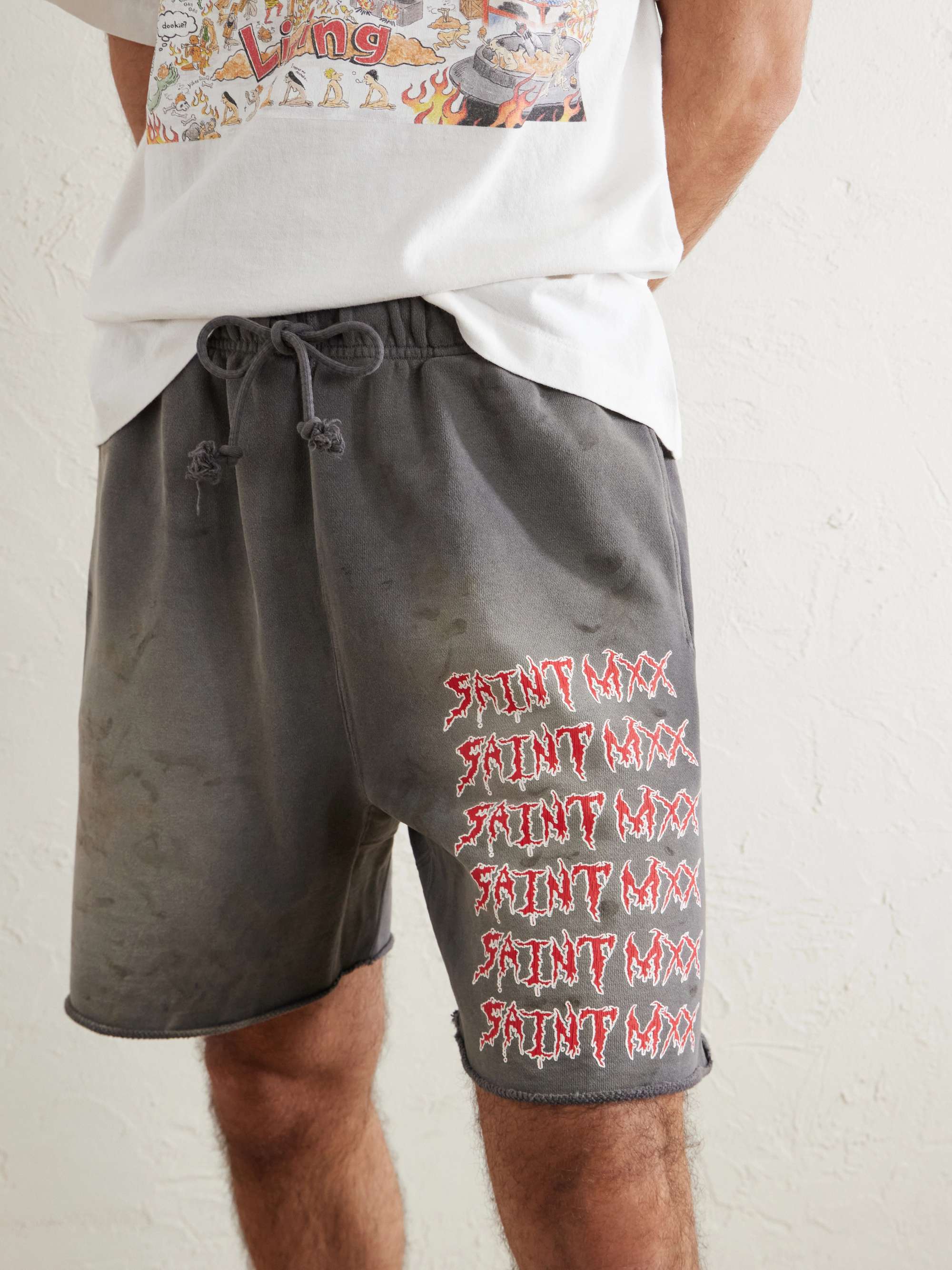 SAINT MXXXXXX Wide-Leg Logo-Print Distressed Cotton-Jersey