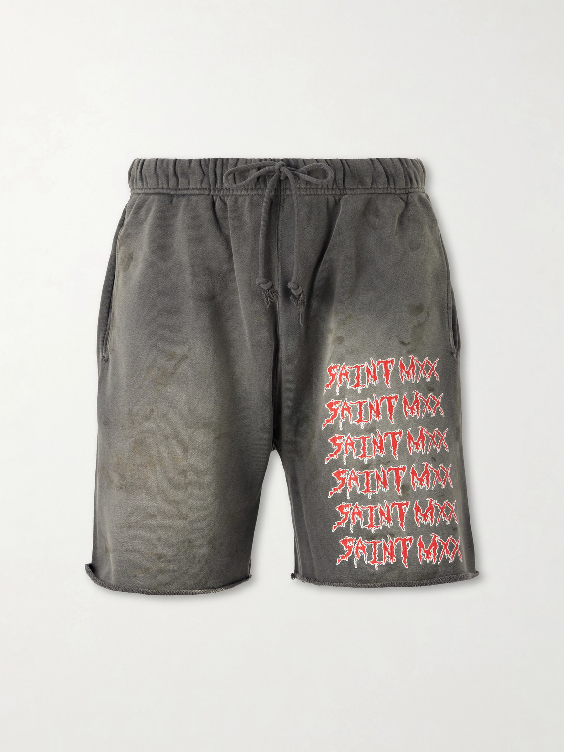 SAINT Mxxxxxx Wide-Leg Logo-Print Distressed Cotton-Jersey Drawstring Shorts - Men