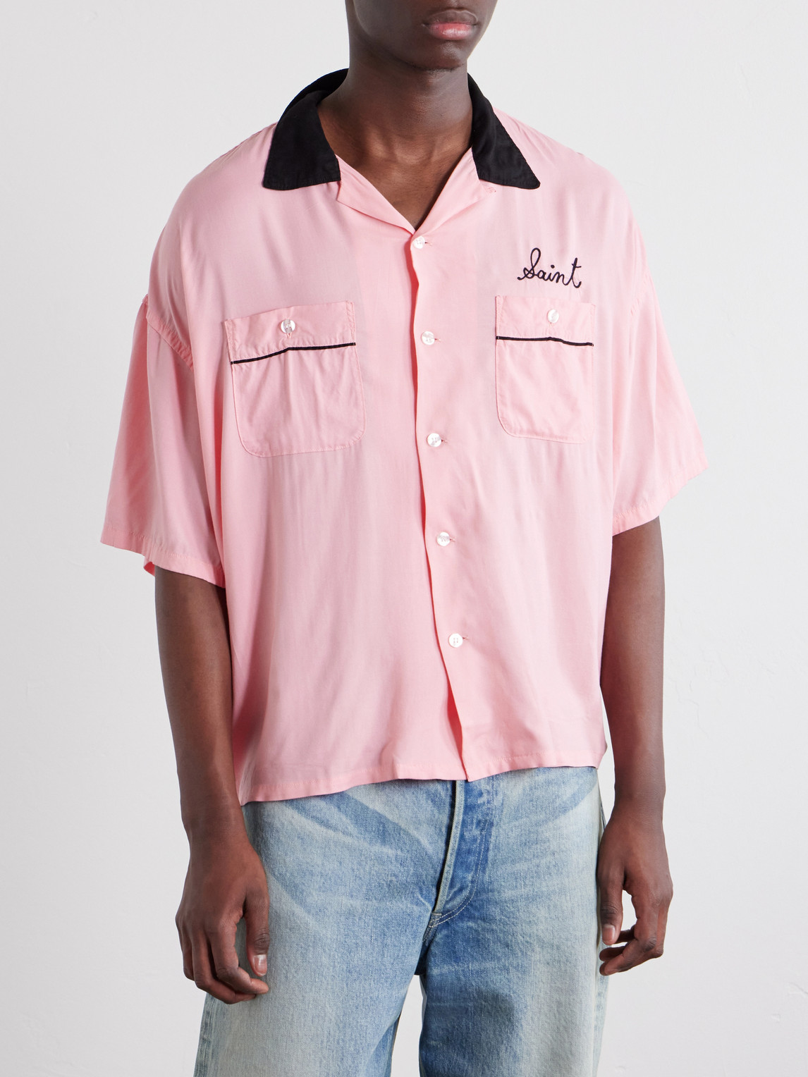 Deck Of Cards Convertible-Collar Logo-Embroidered Satin Shirt