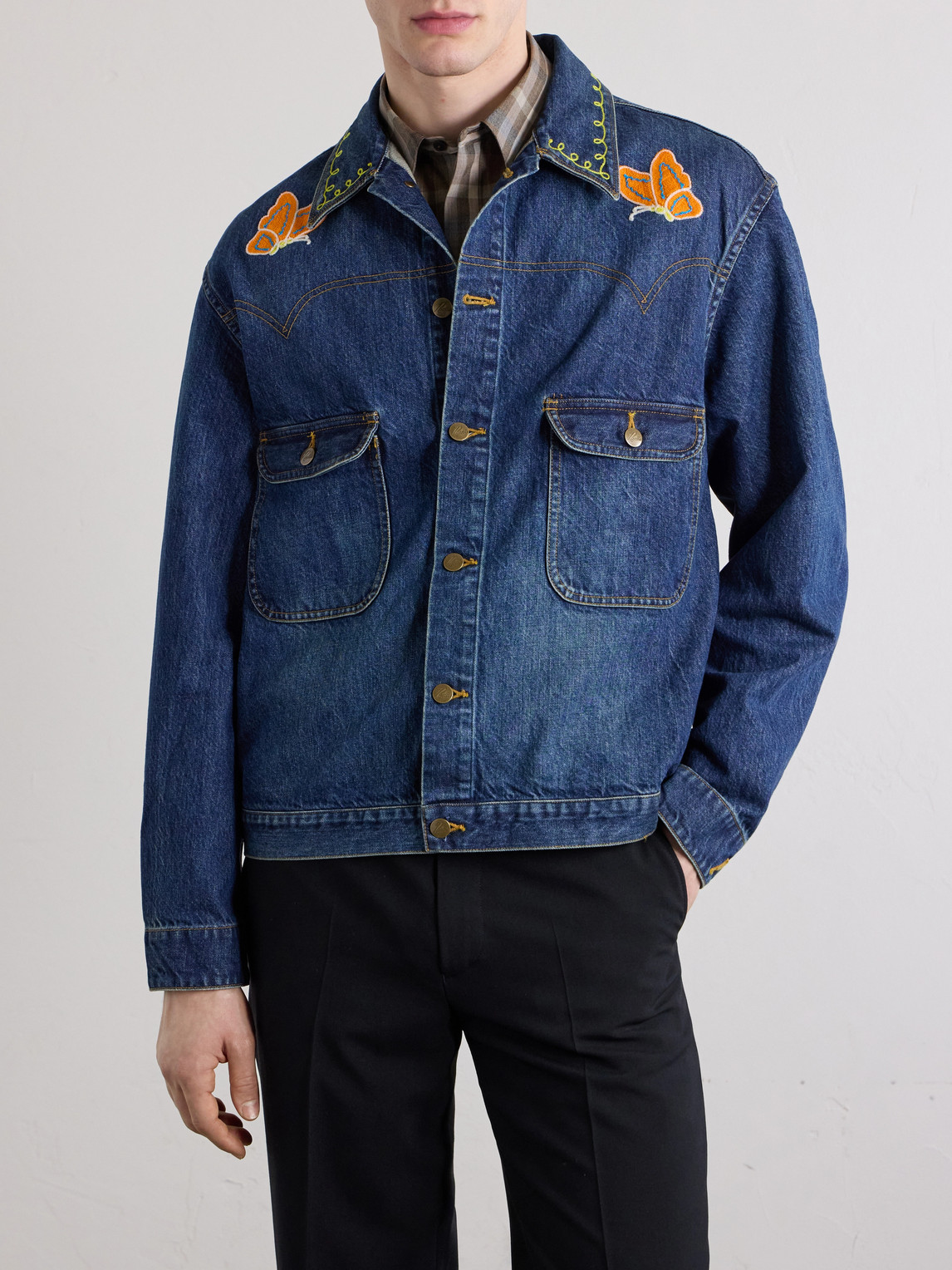  Needles - Embroidered Denim Jacket - Men - Blue - S 