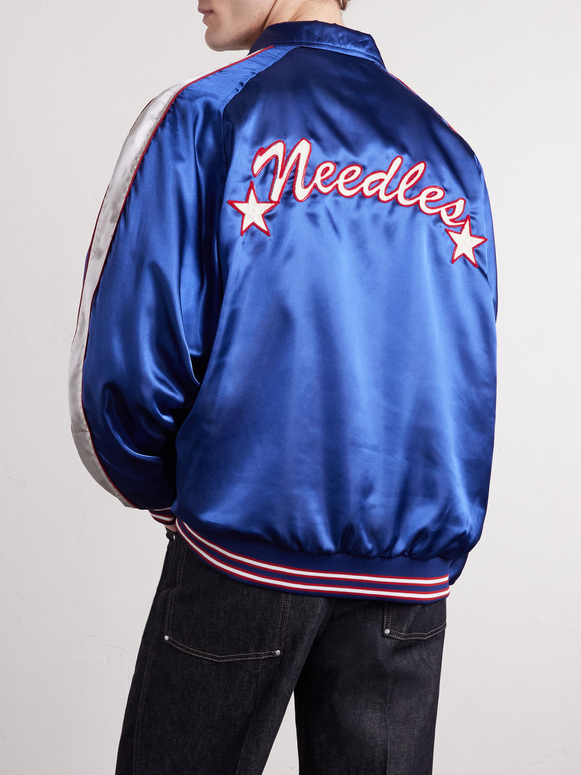  Needles - Stadium Logo-embroidered Appliquéd Satin Bomber Jacket - Men - Blue - S 