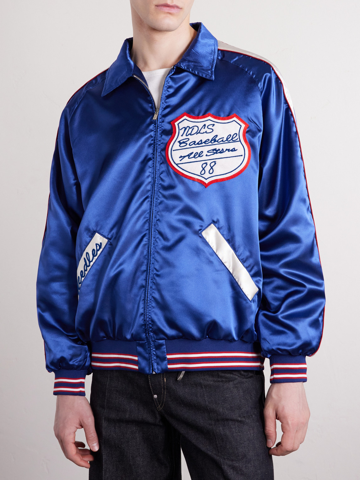  Needles - Stadium Logo-embroidered Appliquéd Satin Bomber Jacket - Men - Blue - S 