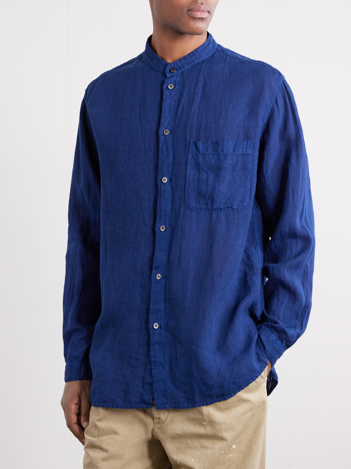 Grandad-Collar Linen-Chambray Shirt