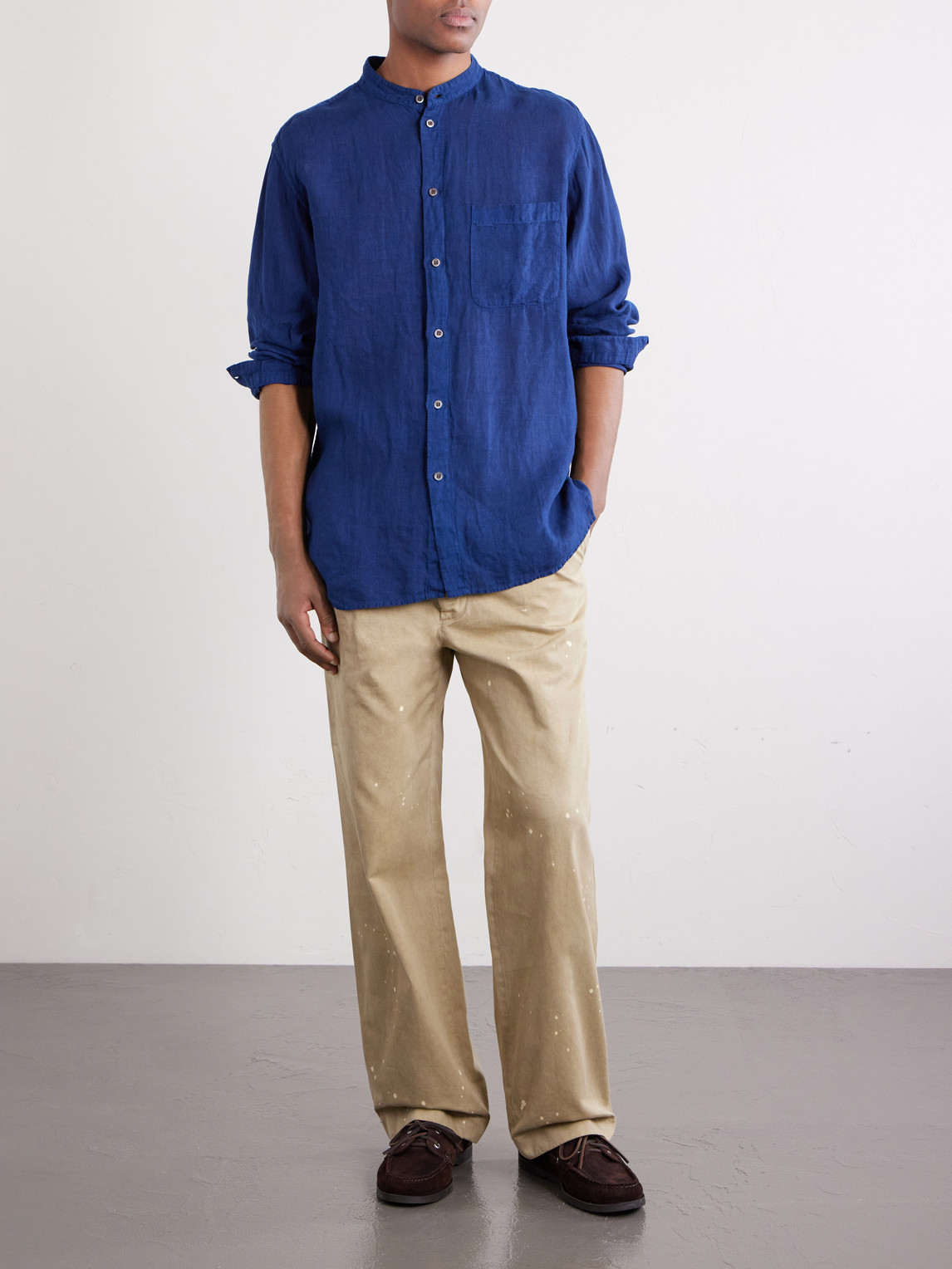 Grandad-Collar Linen-Chambray Shirt