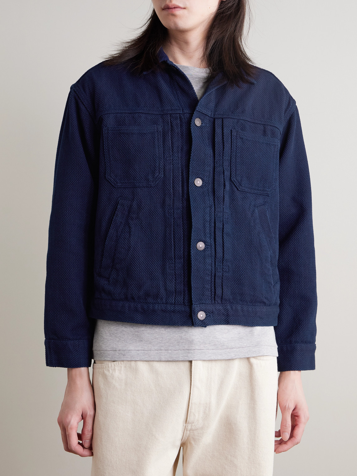 Indigo-Dyed Sashiko Cotton Trucker Jacket