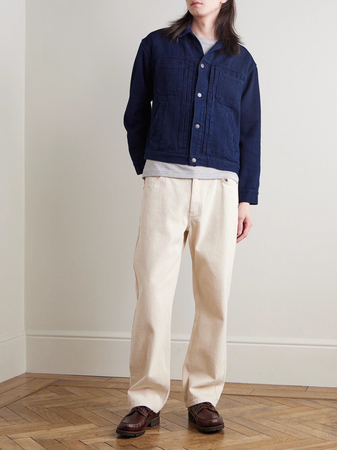 Indigo-Dyed Sashiko Cotton Trucker Jacket