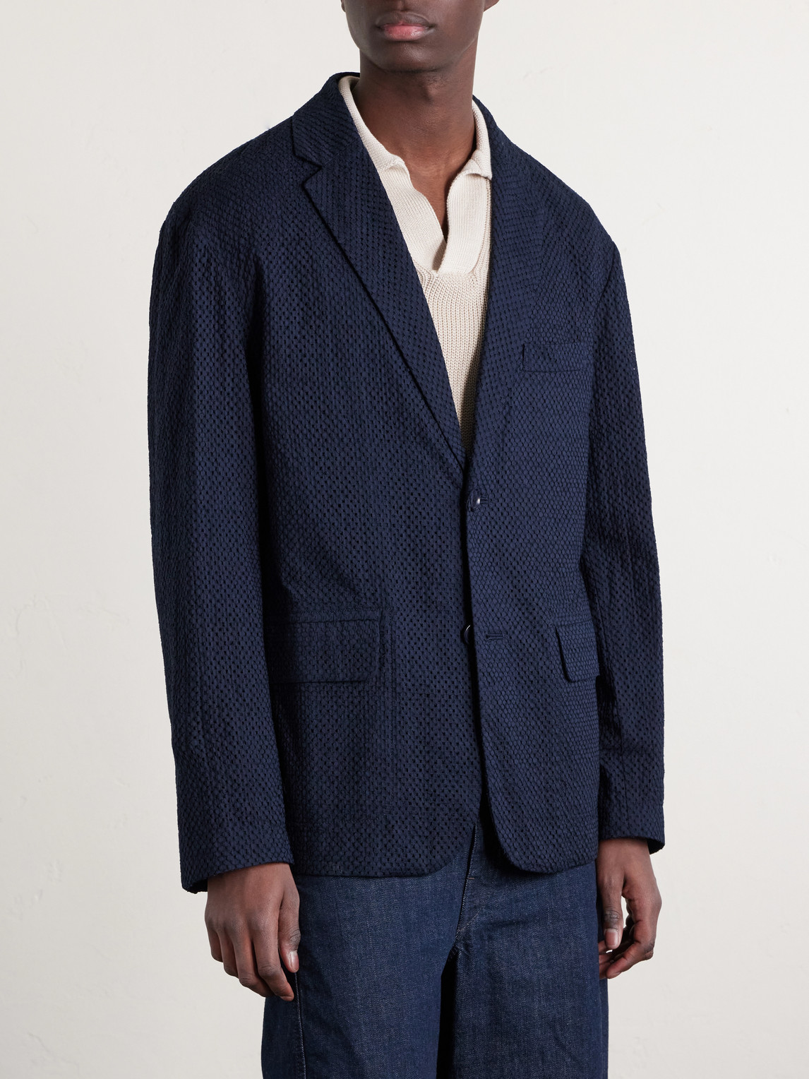 Blue Blue Japan - Textured Cotton Suit Jacket - Men - Blue - L 