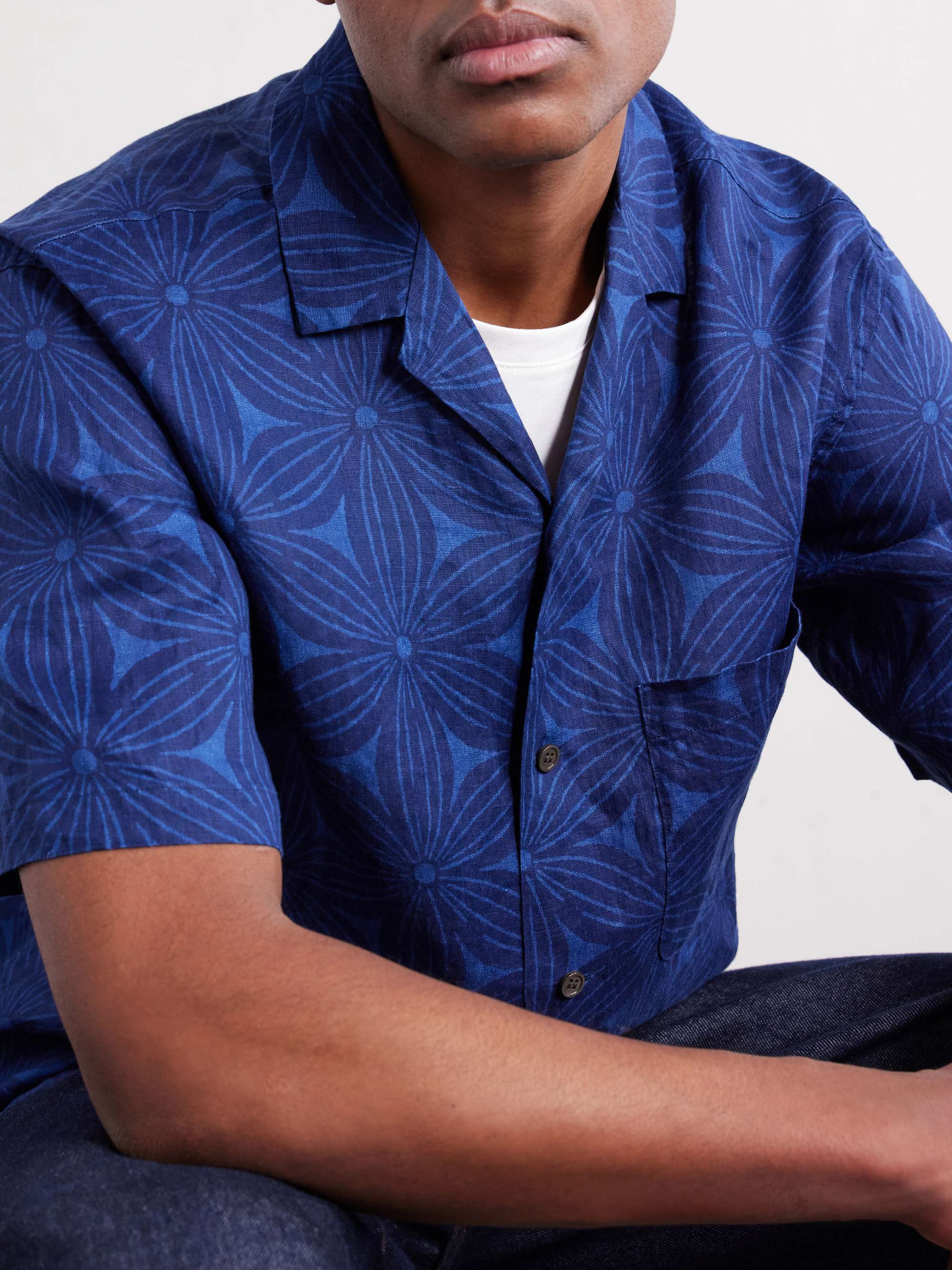 BLUE BLUE JAPAN リネン長袖シャツ BLUE BLUE JAPAN Sakura Camp-Collar Indigo-Dyed Floral-Print Linen
