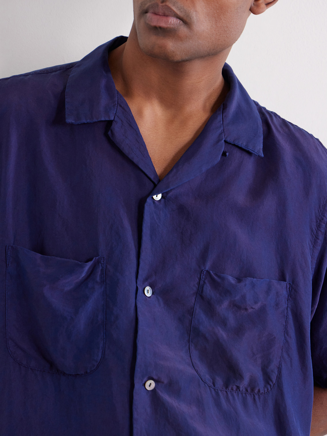 Convertible-Collar Indigo-Dyed Silk-Habotai Shirt