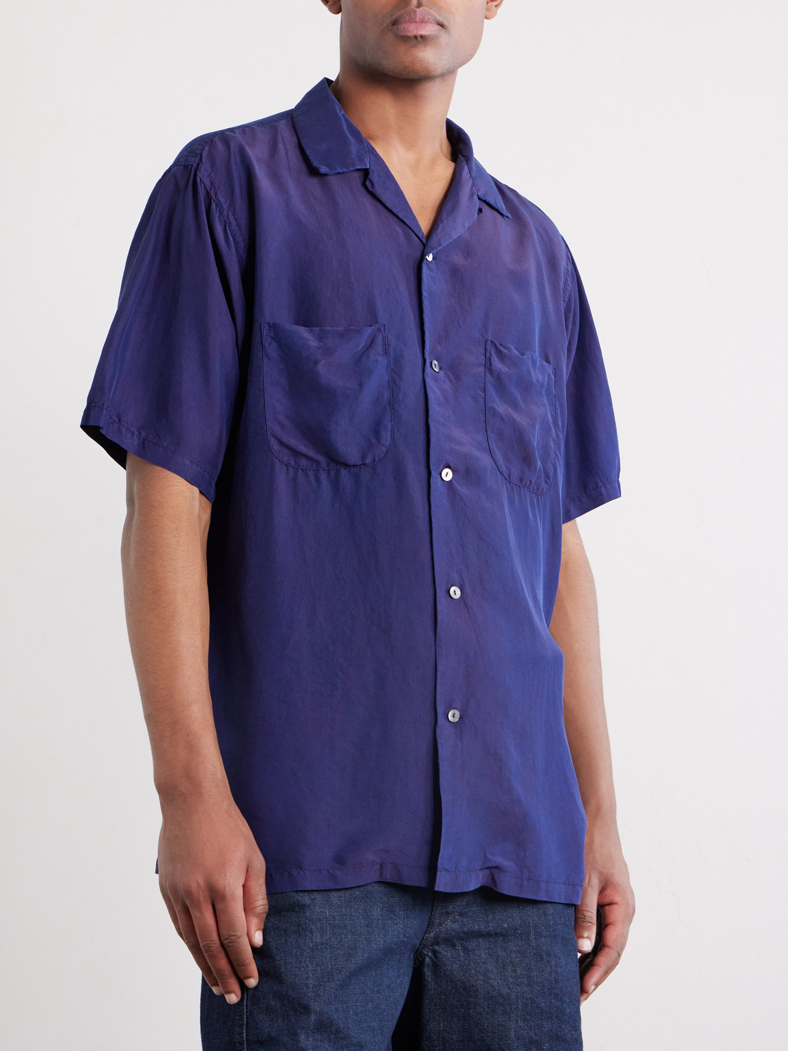 Convertible-Collar Indigo-Dyed Silk-Habotai Shirt