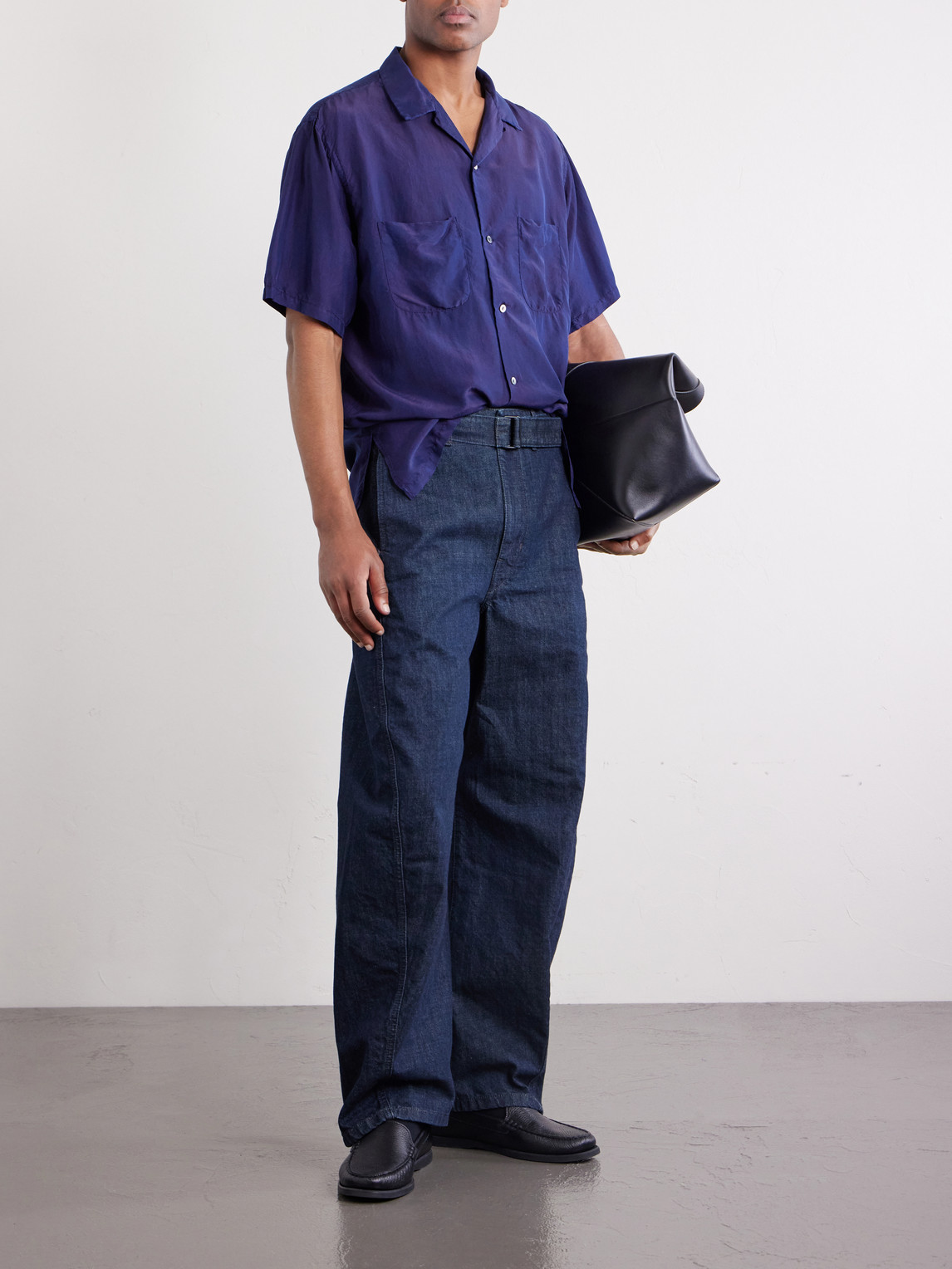 Convertible-Collar Indigo-Dyed Silk-Habotai Shirt